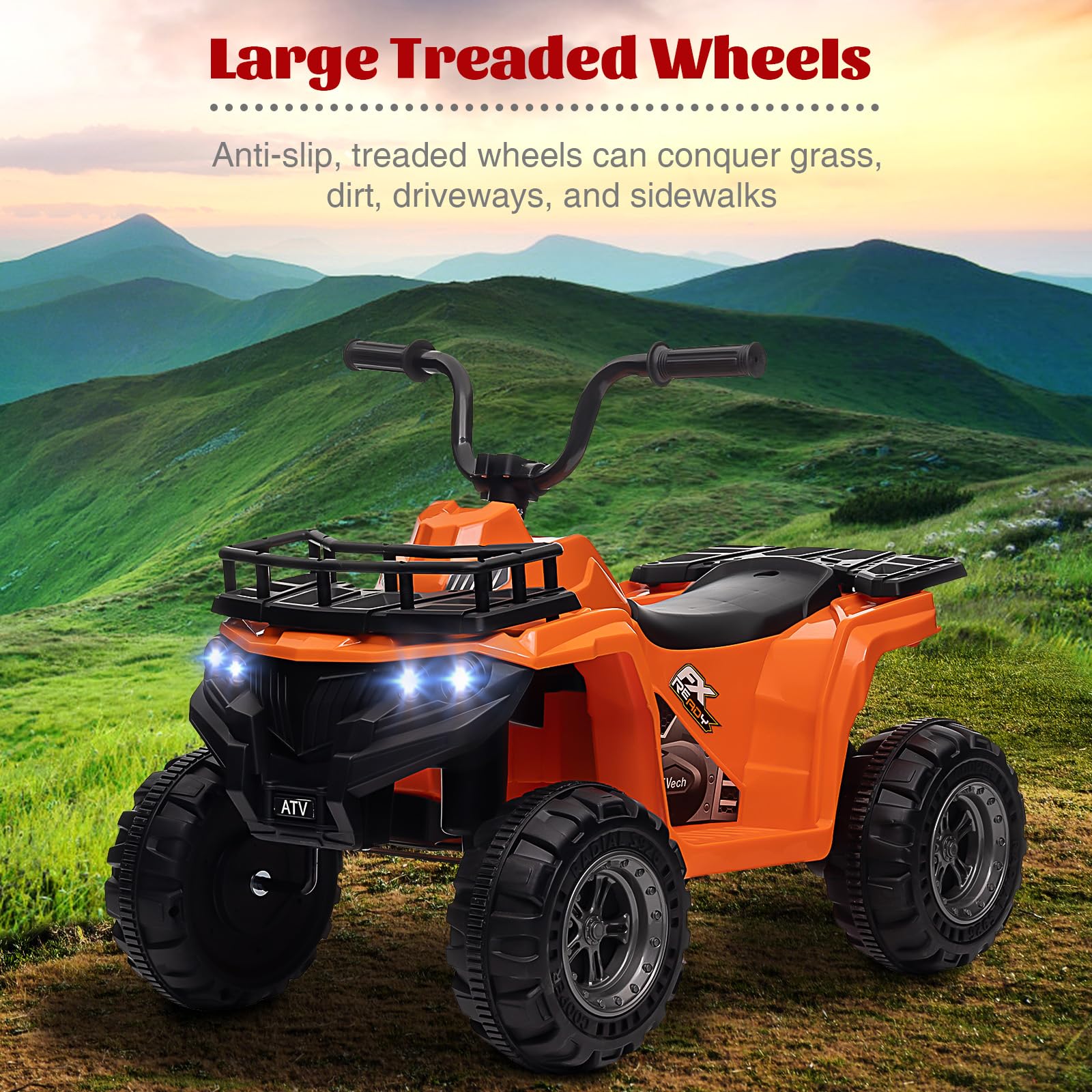 GARVEE 12V Kids Ride On Quad ATV - Non-Toxic Electric ATV with Bluetooth, LED Lights & 2 Speed Modes - All Terrain Off-Road Toy for Boys & Girls (Orange) - Perfect for Backyard, Park & Outdoor Adventures