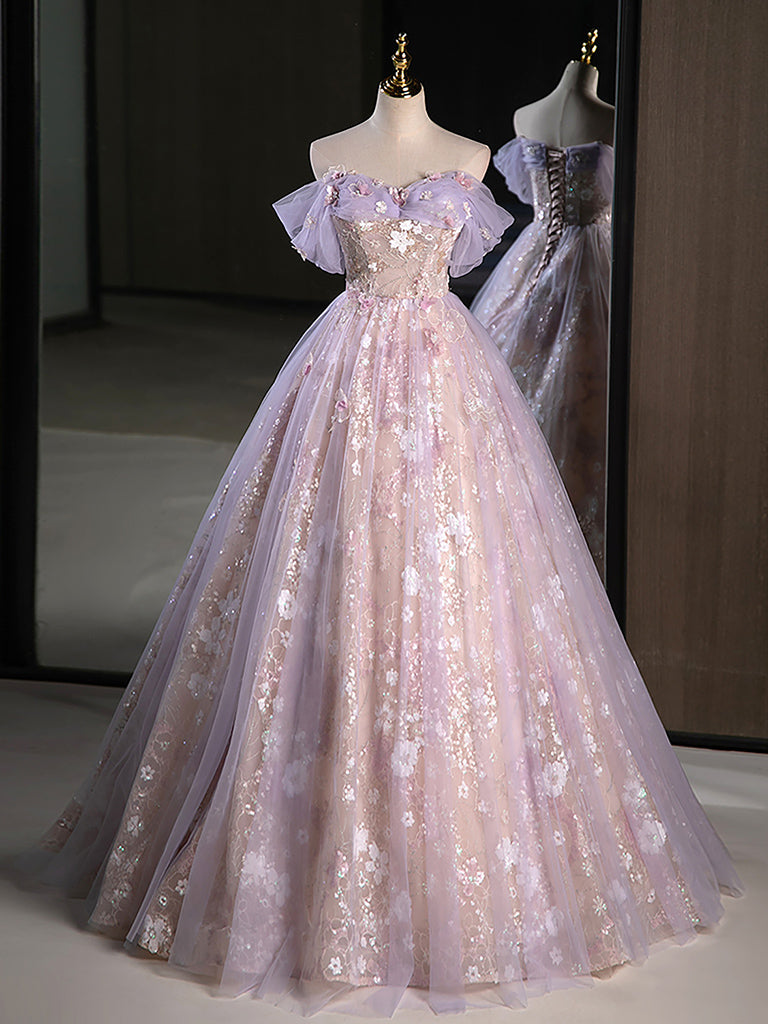 Elegant Off-Shoulder A-Line Tulle Lace Purple Long Prom Dress - Formal Evening Gown for Homecoming, Wedding, Quinceañera & Special Occasions