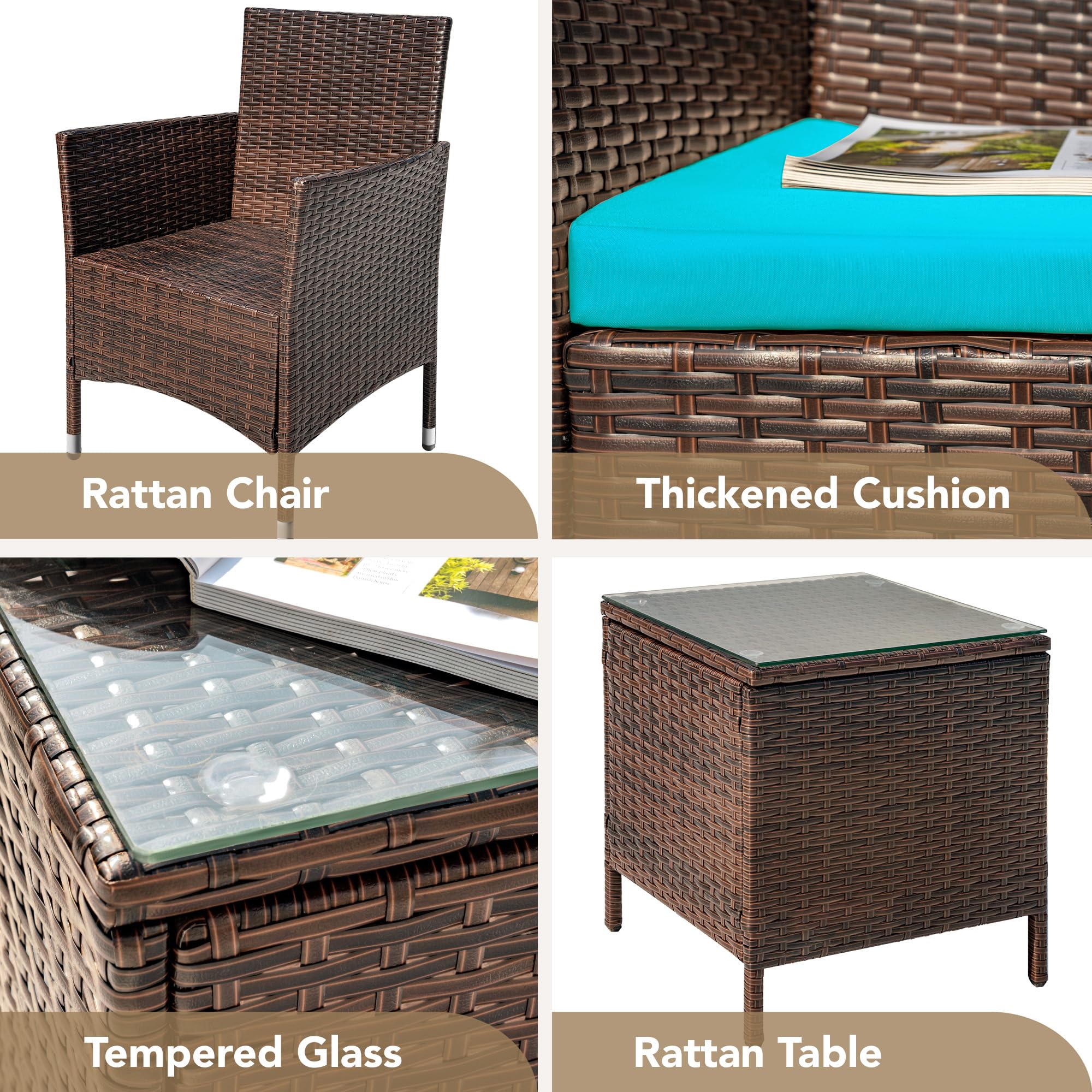 Devoko 3-Piece PE Rattan Wicker Patio Furniture Set with Table - Outdoor Garden Chairs for Porch, Backyard & Poolside (Brown/Blue) - Perfect for Relaxing, Entertaining & Sunbathing