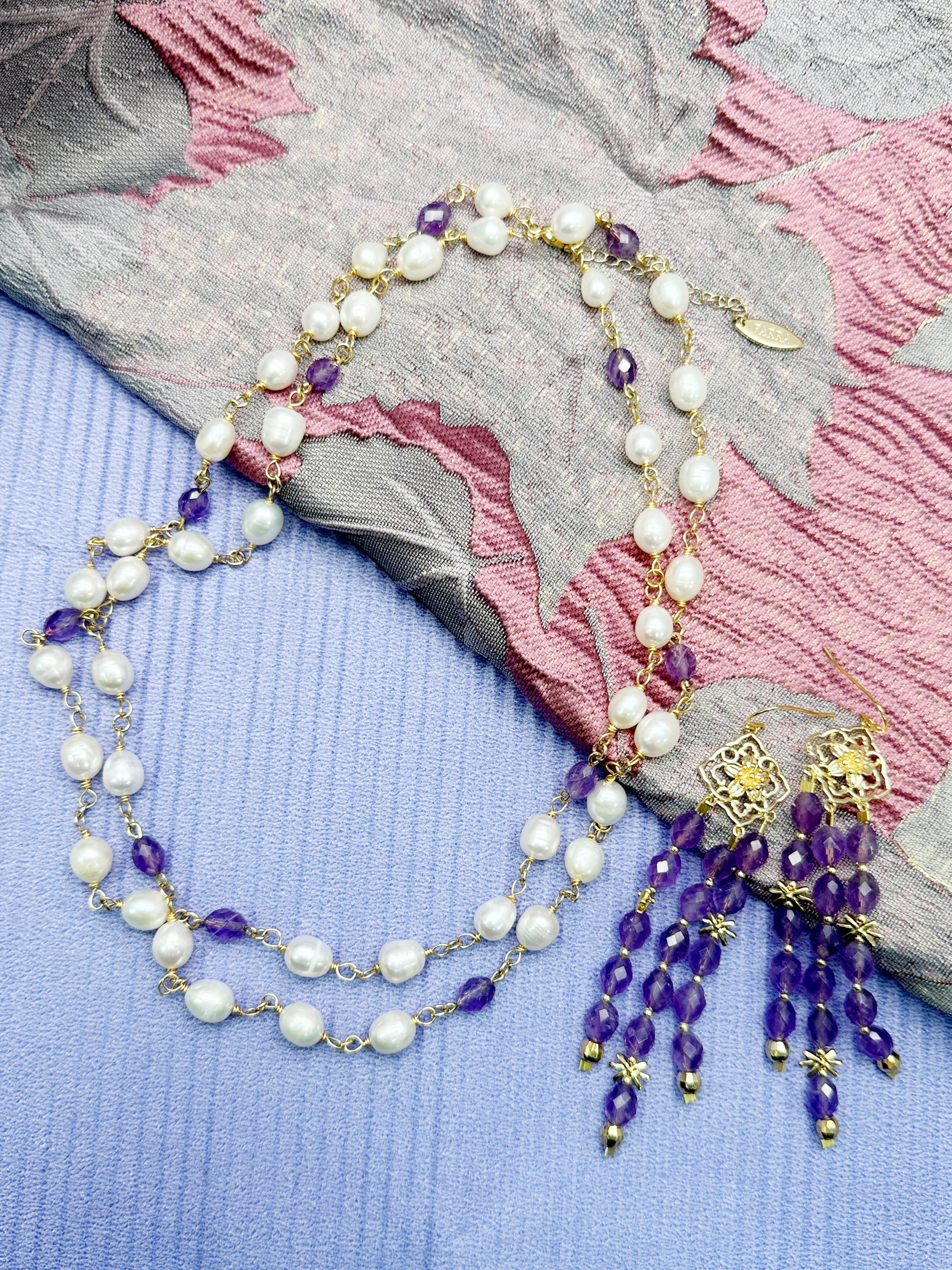 Elegant Freshwater Pearls & Purple Amethyst Long Necklace LN022 | Women's Boho Jewelry for Weddings, Parties & Special Occasions