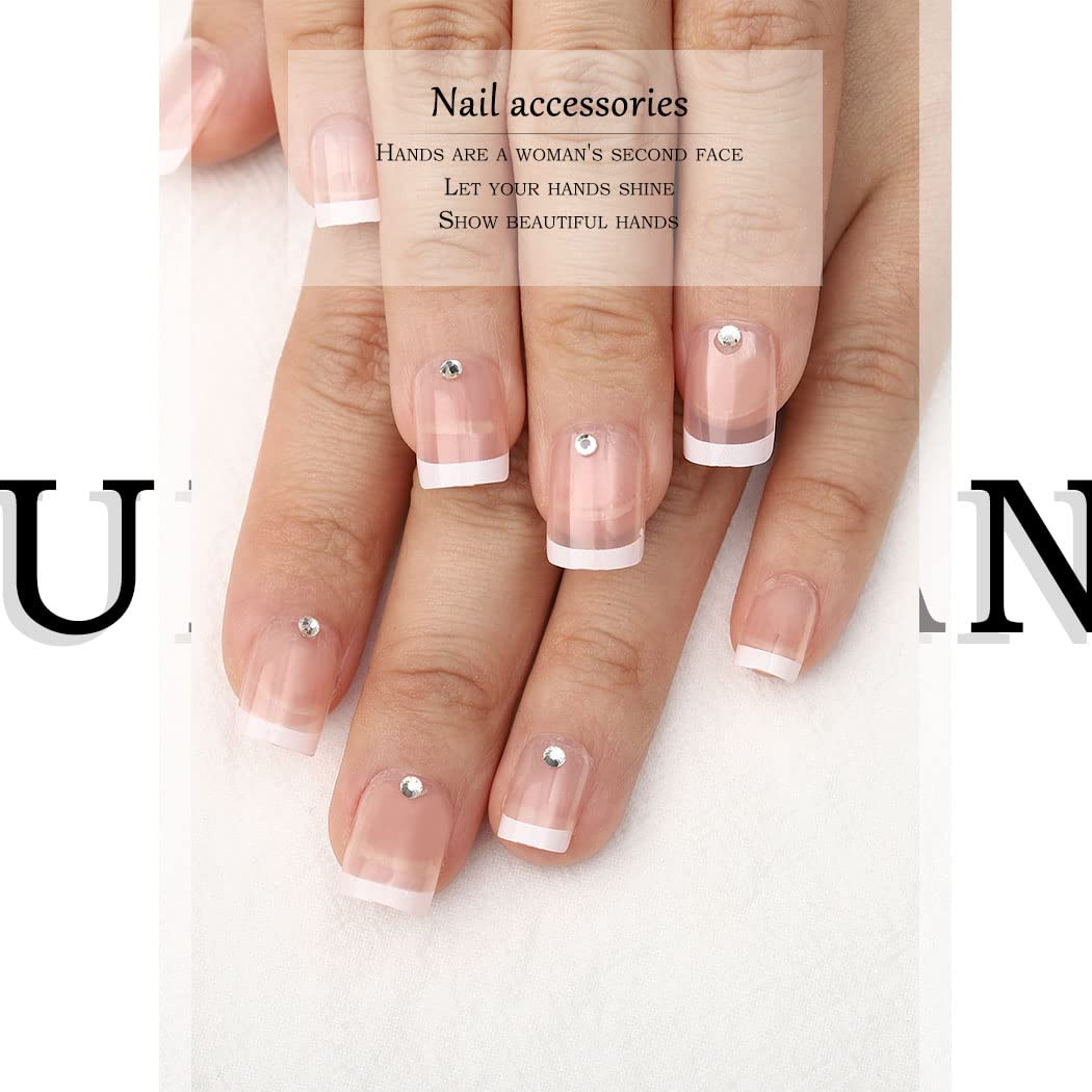 Uranian French Press on Nails - White Short Square Fake Nails with Rhinestones, Transparent Glossy Acrylic Full Cover False Nails for Women & Girls (24pcs) - Perfect for Parties, Weddings, and Special Occasions