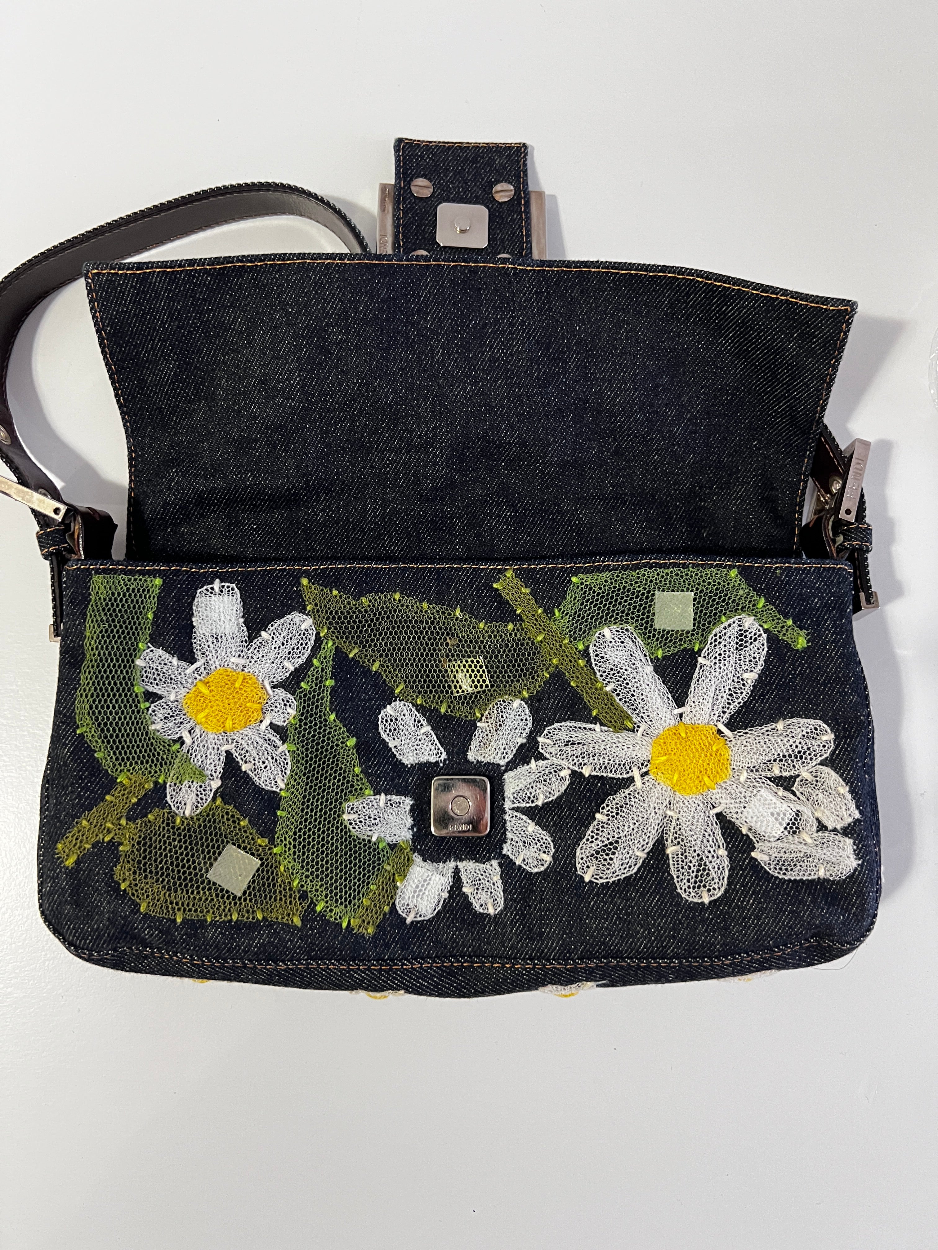 Fendi Daisy Denim Baguette Bag - Stylish Designer Handbag for Women, Perfect for Casual Outings, Shopping & Travel