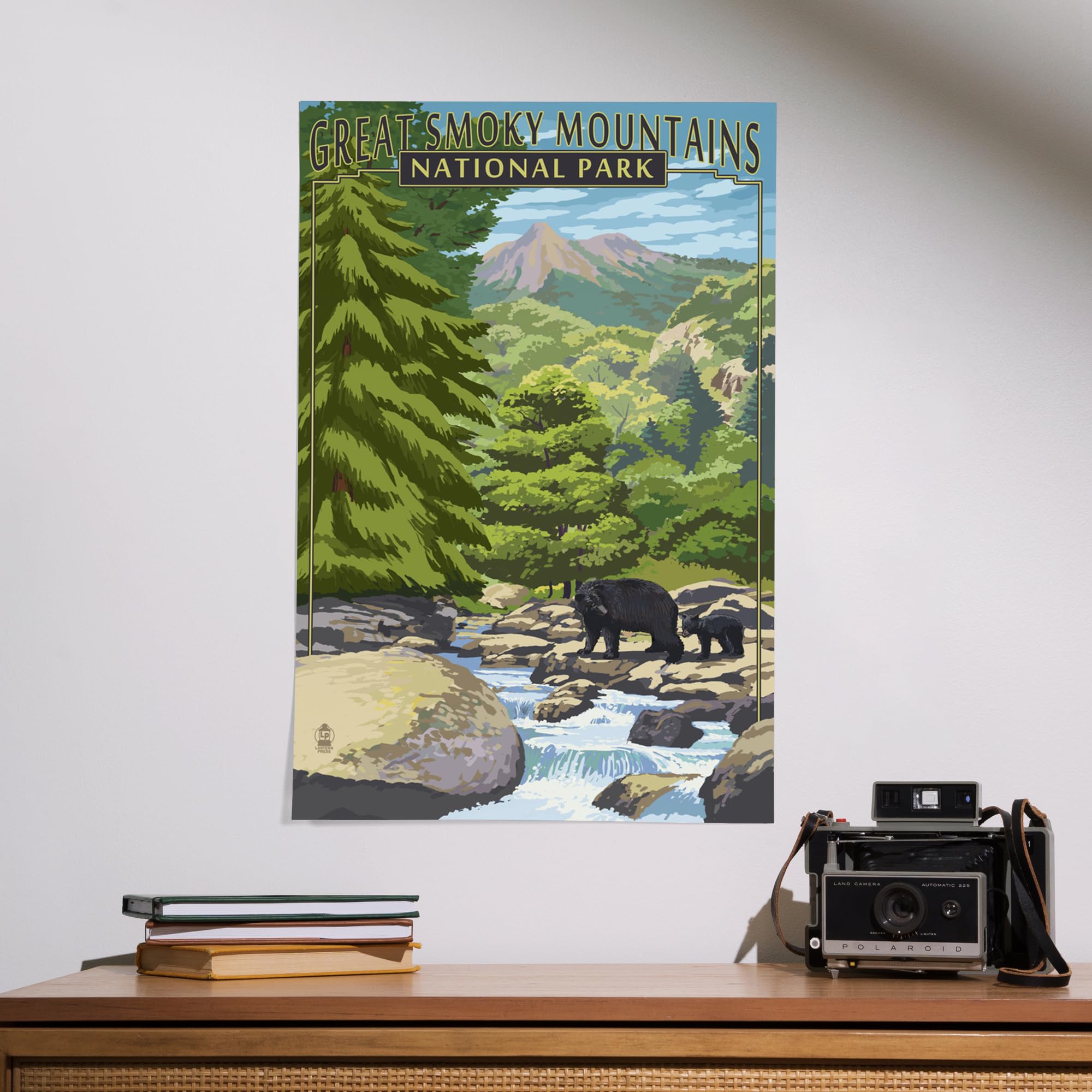 Lantern Press 16x24 Inch Giclee Art Print - Great Smoky Mountains National Park Landscape with Leconte Creek & Bear Family - Premium Wall Decor for Living Room, Bedroom or Office