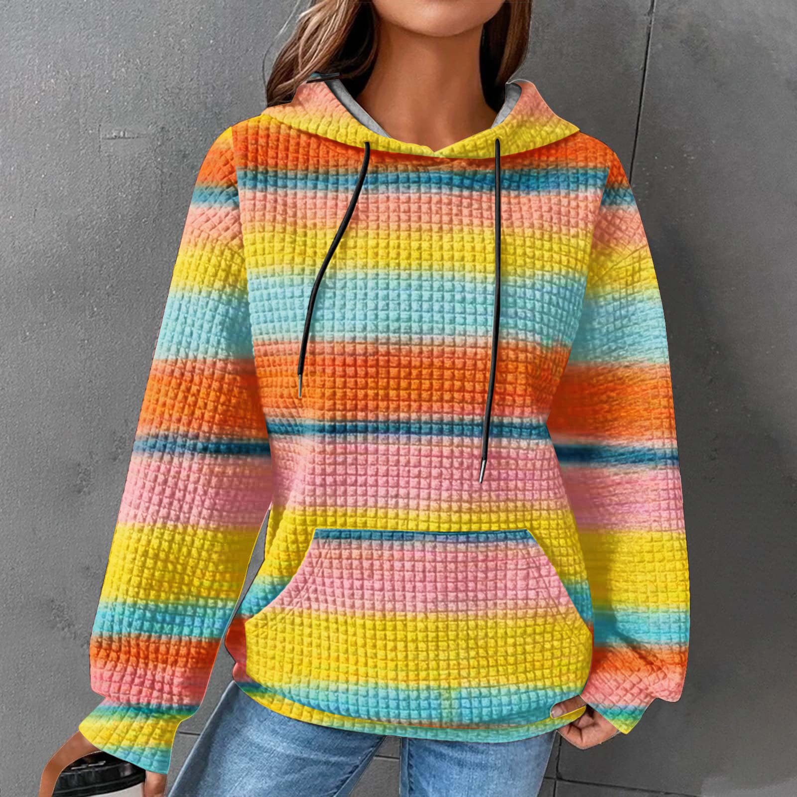Women's Color Block Hoodie - Long Sleeve Round Neck Pullover Sweatshirt with Drawstring | Loose Fit Waffle Knit Fashion Top | Fall Winter 2023 Trendy Casual Wear for Outdoors, Travel & Street Style