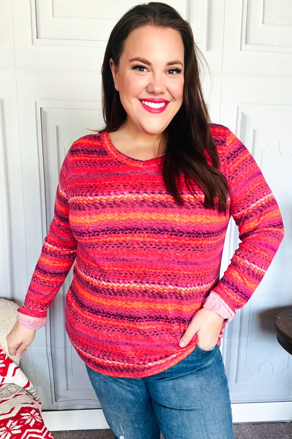 Bold Flame & Magenta Striped Cable Knit Print Hacci Top - Women's Fashion Sweater for Fall & Winter, Perfect for Casual Outfits and Holiday Parties