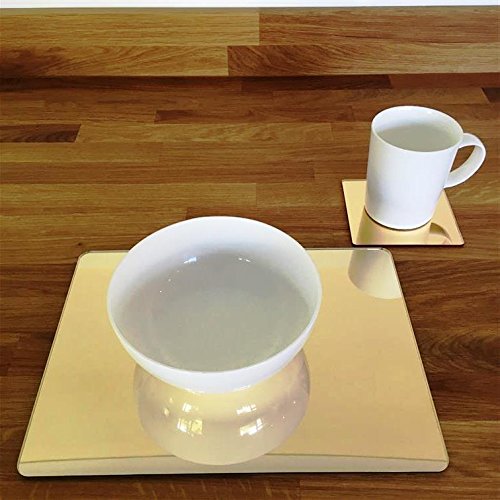 Gold Mirror Rectangular Placemat and Square Coaster Set - 6-Piece Dining Table Decor for Modern Home, Kitchen, and Party Entertaining