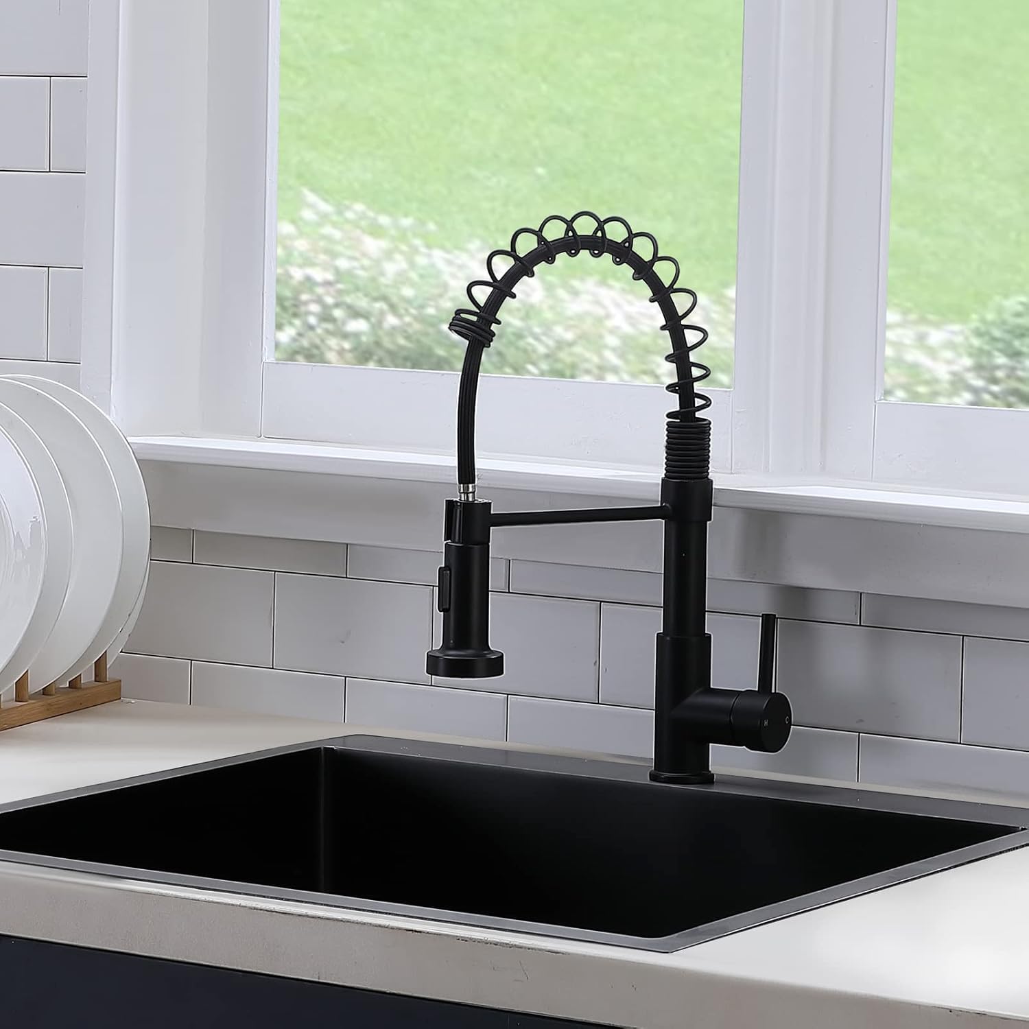 Modern Stainless Steel Matte Black Kitchen Faucet with Pull Down Sprayer - Single Handle Spring Sink Faucet for Farmhouse, RV, Camper, Laundry & Wet Bar (1 Hole No Deck Plate) - Perfect for Outdoor Cooking & Small Space Kitchens