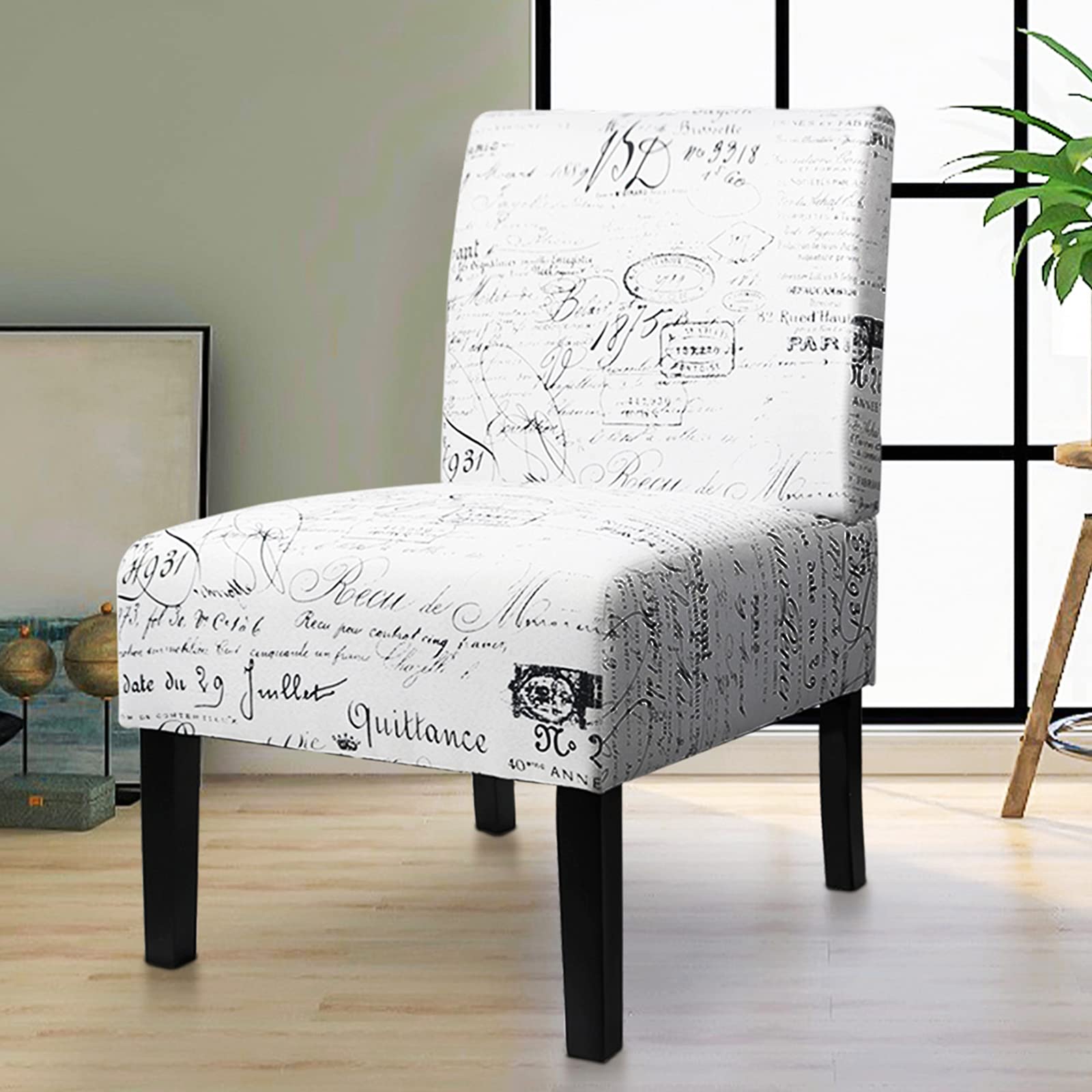 STHOUYN Modern Fabric Armless Accent Chair - Decorative Slipper Vanity Chair for Bedroom, Living Room & Office - English Letter Print White - Perfect for Reading Nooks, Dressing Areas & Small Spaces