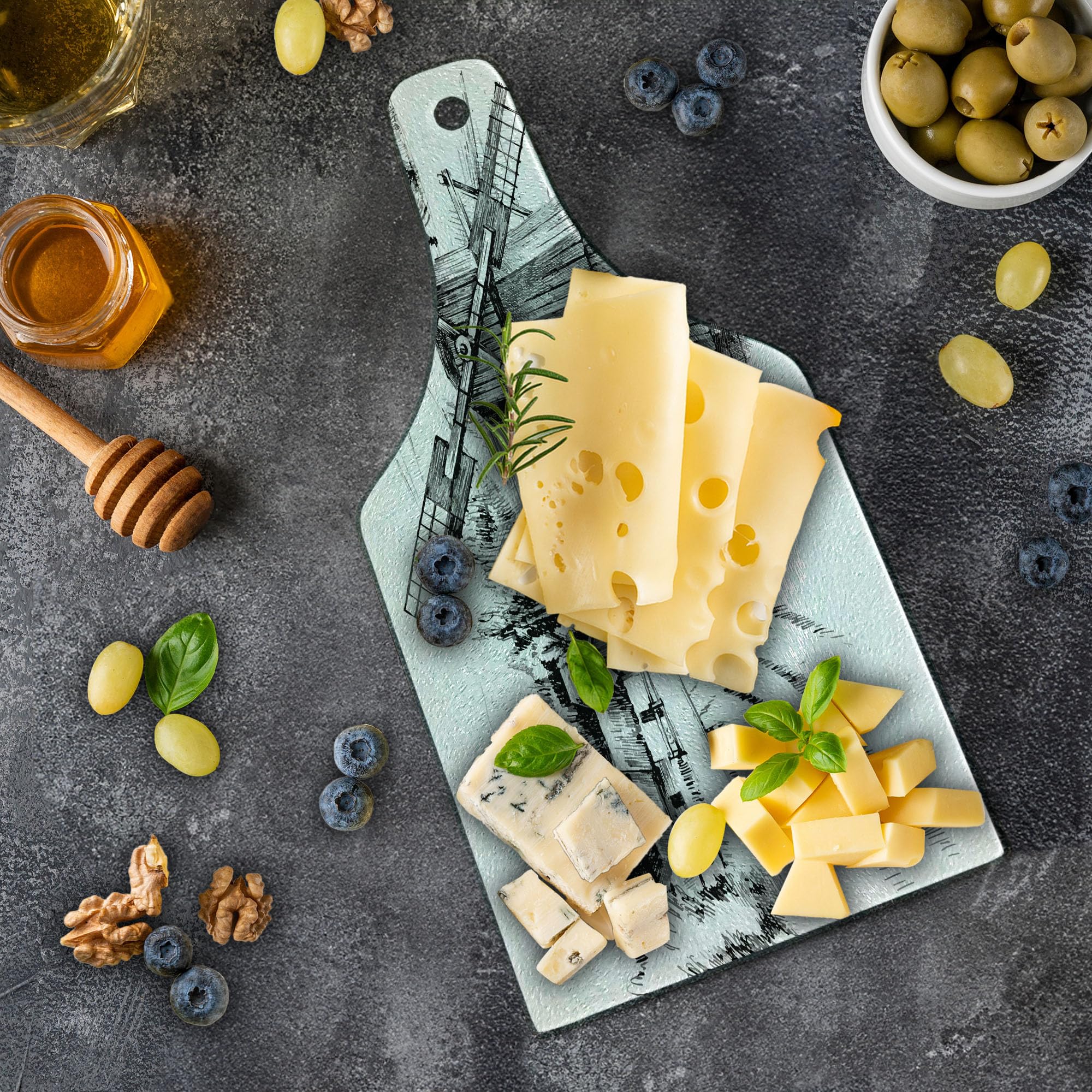 Ambesonne Landscape Cutting Board - Hand Drawn Rural Scenery with Small Town, Farm Houses, Forest and Mill - Romantic Sketch Design on Tempered Glass for Cutting & Serving - Wine Bottle Shaped Board in Black & White - Perfect for Kitchen Decor, Charcuterie Platters & Wine Pairing Parties
