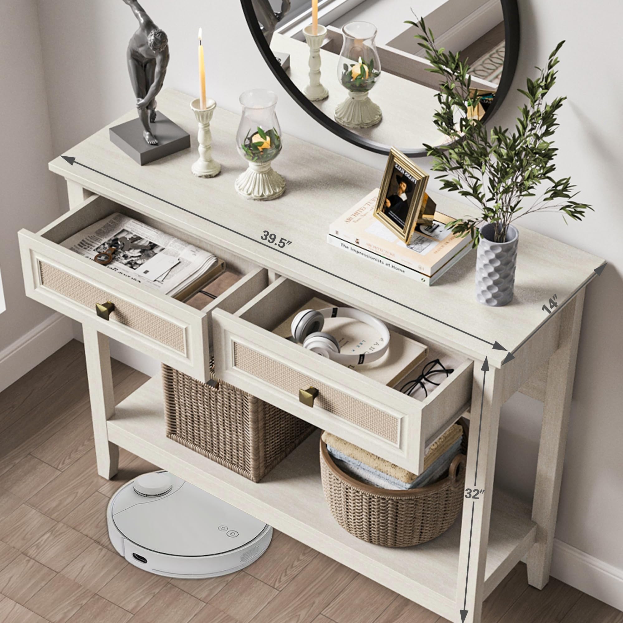 RoyalCraft Rattan Console Table with Storage Drawers - 40