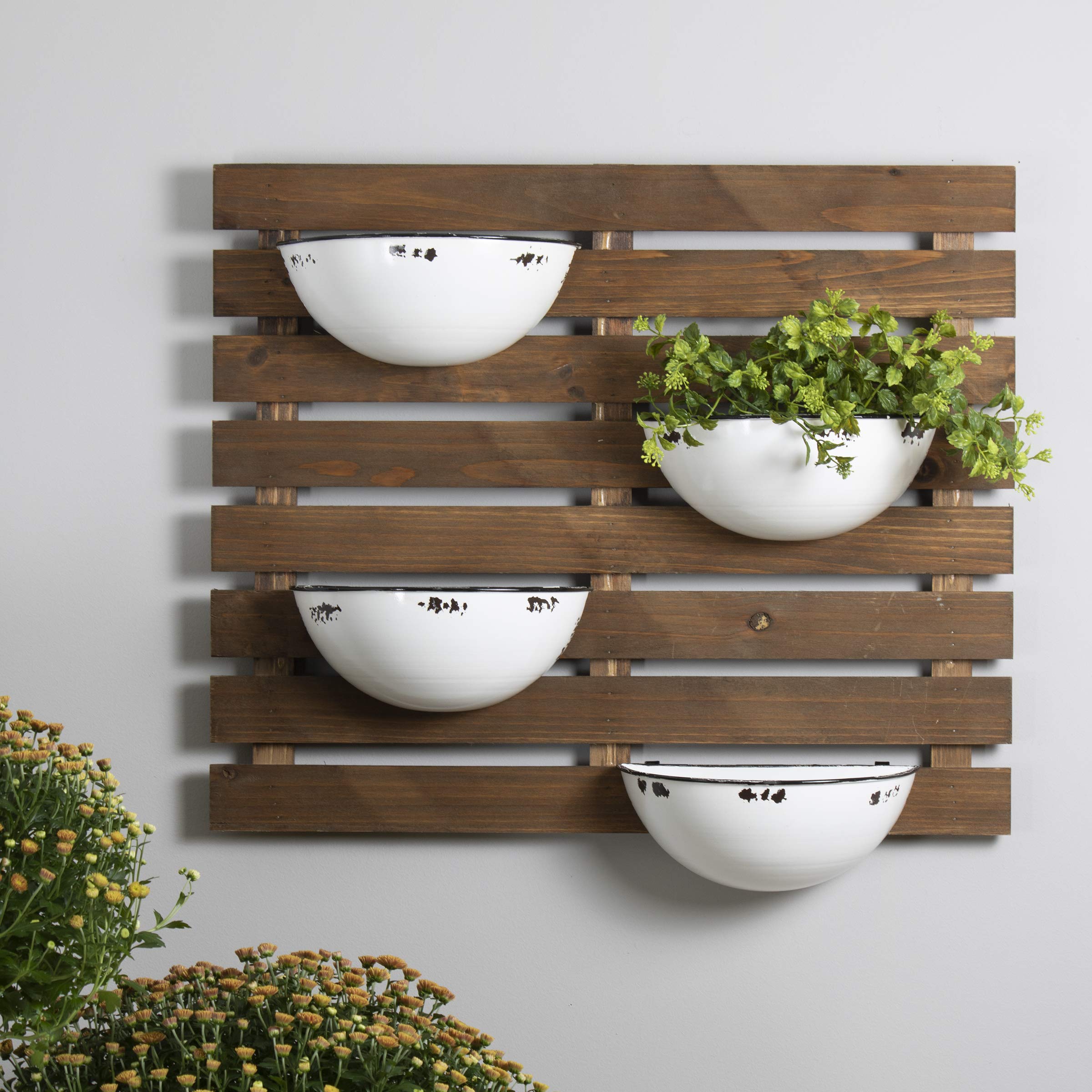 Rustic Slat Wood Wall Planter with 4 Distressed White Enamel Pots - Indoor/Outdoor Hanging Flower Box for Home Garden, Patio, Balcony Decor - Perfect for Herbs, Succulents and Small Plants