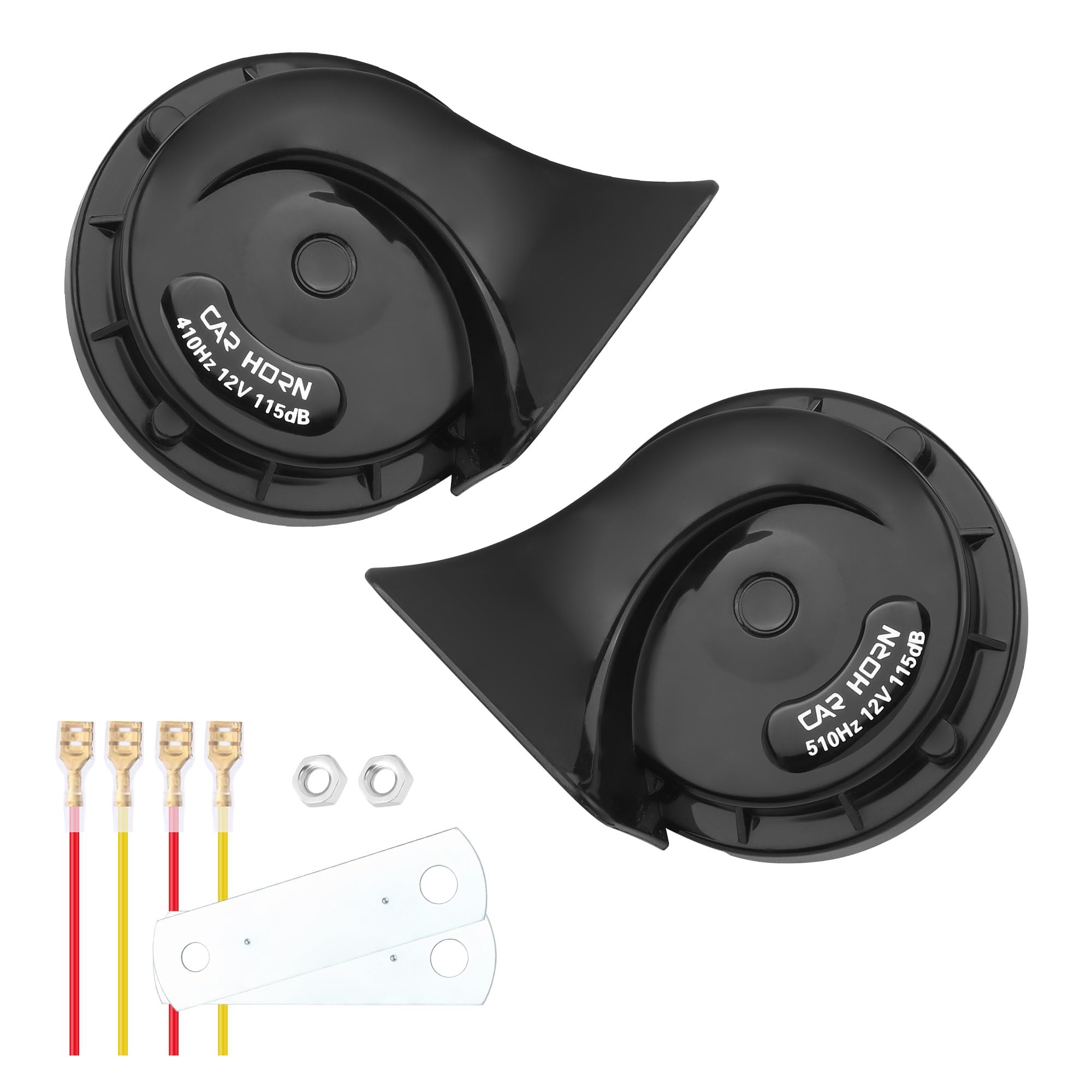 2PCS Super Loud 105-115dB Car Horn Kit with Wires, Brackets & Nuts - Universal Waterproof 12V Electric Horn Replacement for Cars, Trucks, SUVs (Black) - Perfect for Damaged Horn Repair & Vehicle Safety Upgrades
