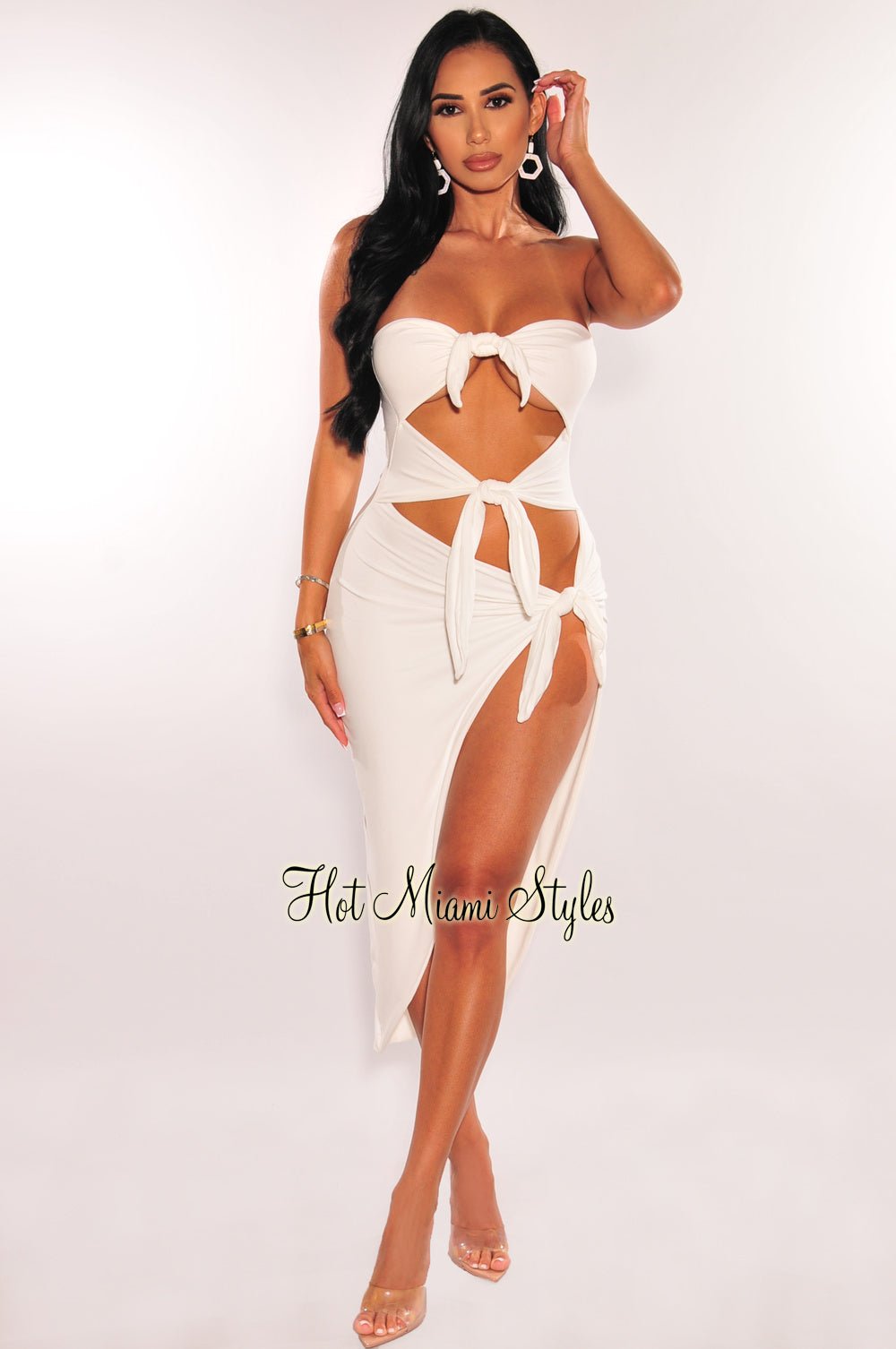 Elegant White Strapless Tie-Up Cut-Out Slit Midi Dress for Women - Perfect for Summer Parties, Weddings & Date Nights
