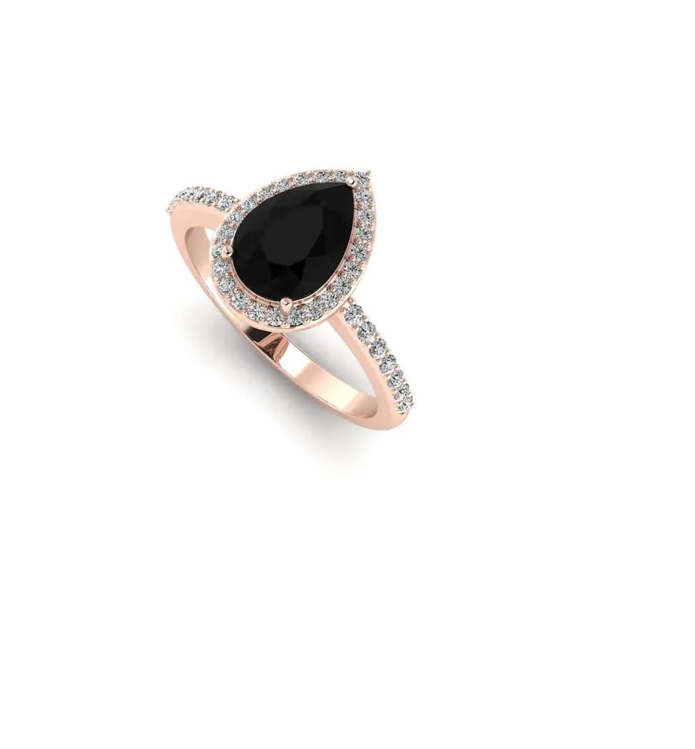 3 Ct Pear Cut Onyx Black Diamond Solitaire Halo Engagement Ring with V-Shaped Wedding Band Set for Women - 925 Sterling Silver Rose Gold Finish | Bridal Jewelry, Anniversary Gift, Proposal Ring