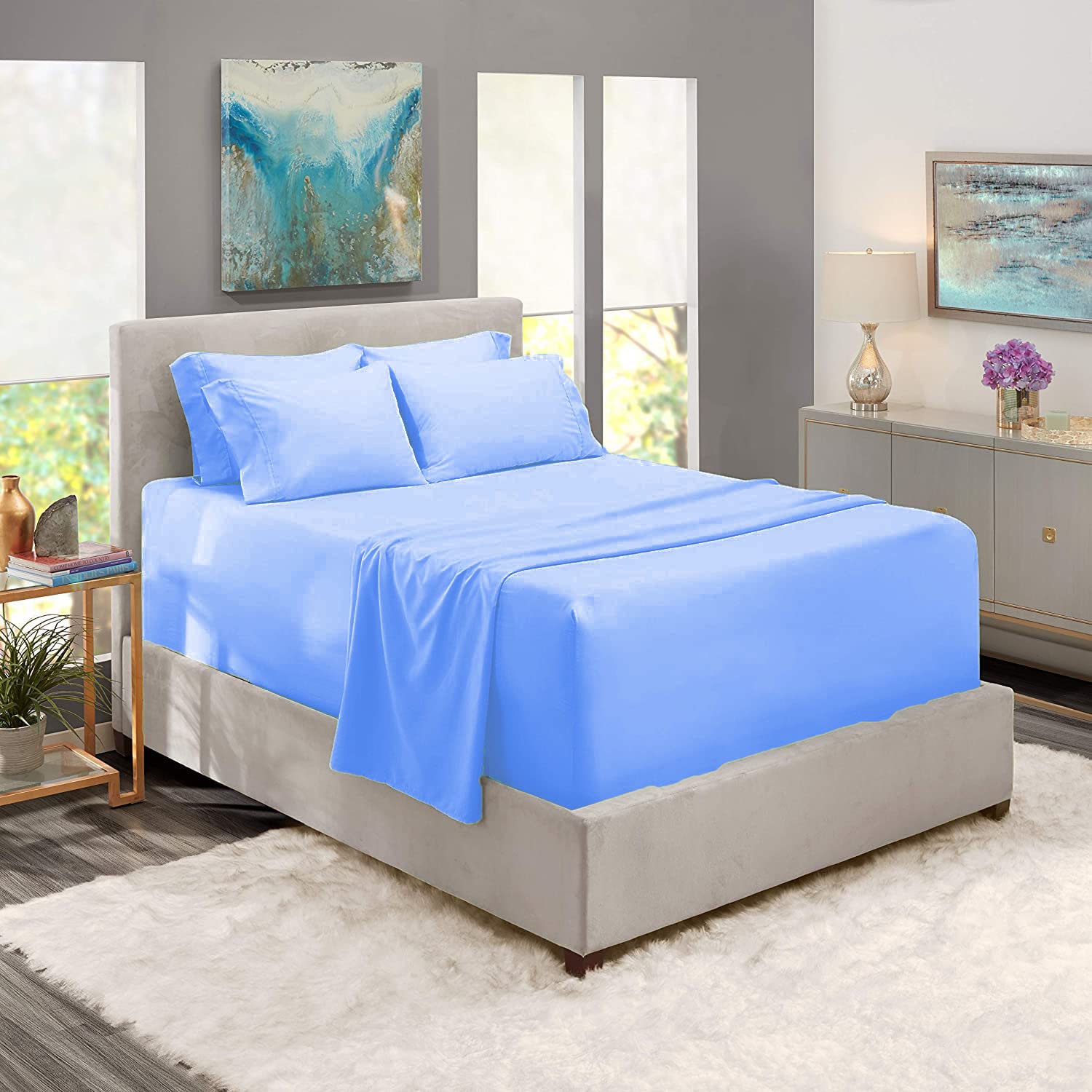 Luxury 100% Cotton 800 Thread Count Bed Sheet Set - 7 Piece Premium Bedding (Twin Size, Light Blue) with 15