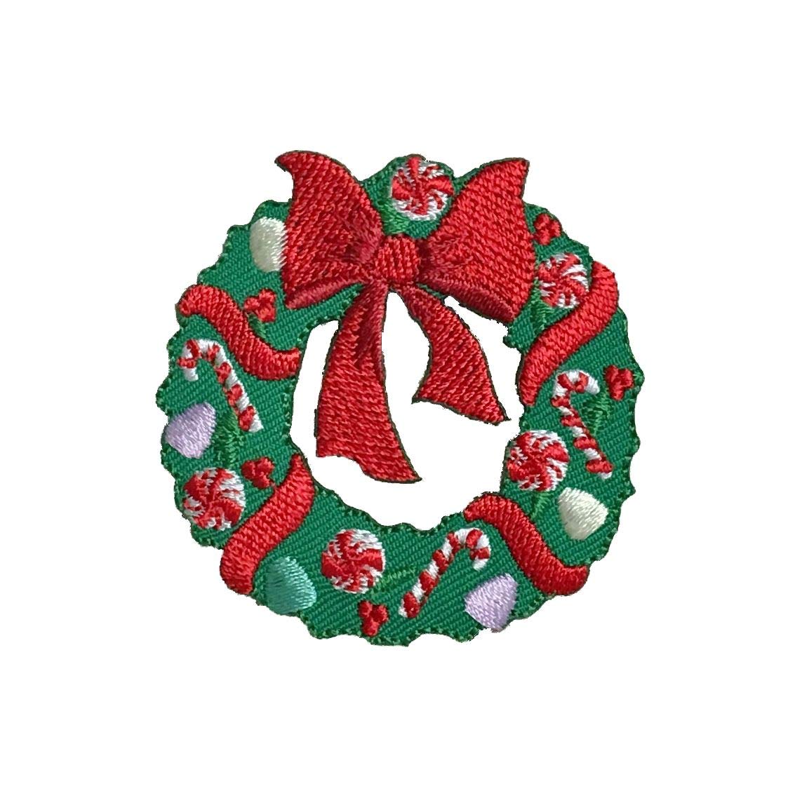 Christmas Wreath Iron On Patch with Red Bow, Candy Cane & Peppermint Design - Holiday DIY Embroidery Patch for Jackets, Hats, Bags & Christmas Decorations