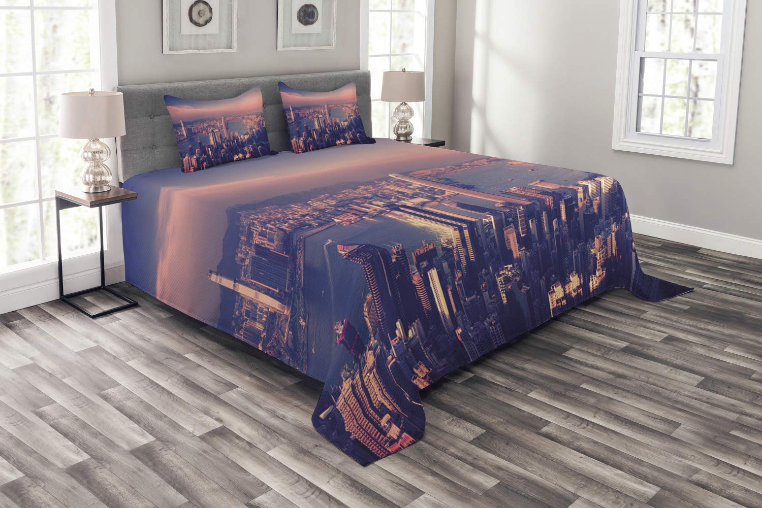 Ambesonne Hong Kong City Skyline Bedspread Set - Queen Size 3-Piece Bedding with Victoria Harbor Urban Scene in Pale Pink & Night Blue - Perfect for Home Decor, Guest Room, and Coastal Themed Bedrooms