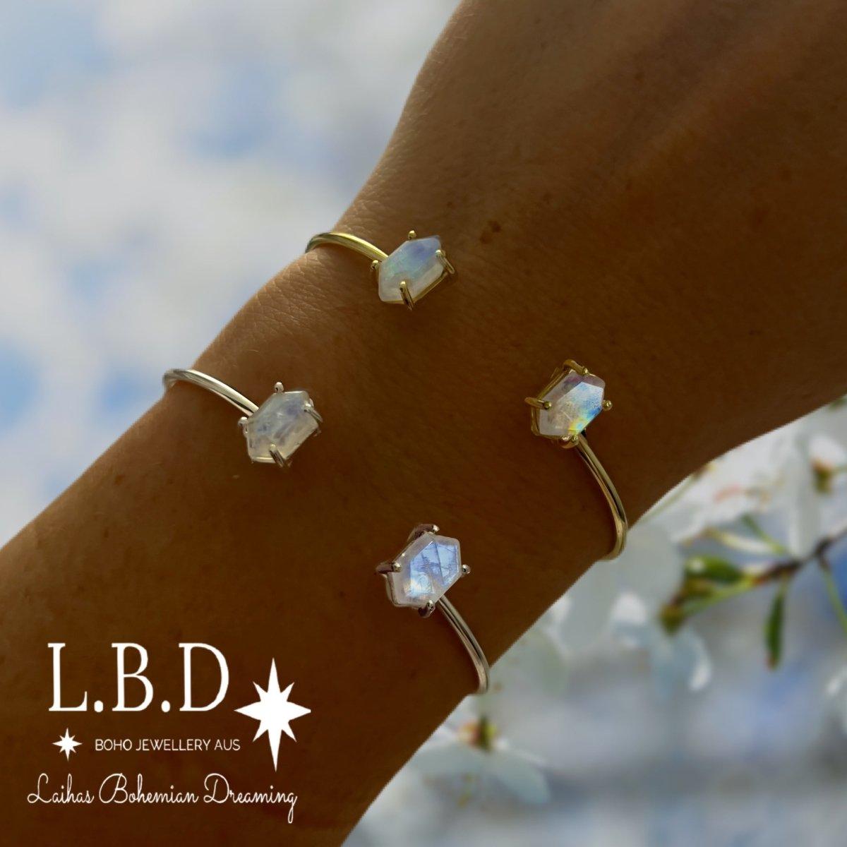 Hexagon Gold Moonstone Cuff Bangle - Elegant Boho Jewelry for Women, Handmade Statement Bracelet for Everyday Wear & Special Occasions