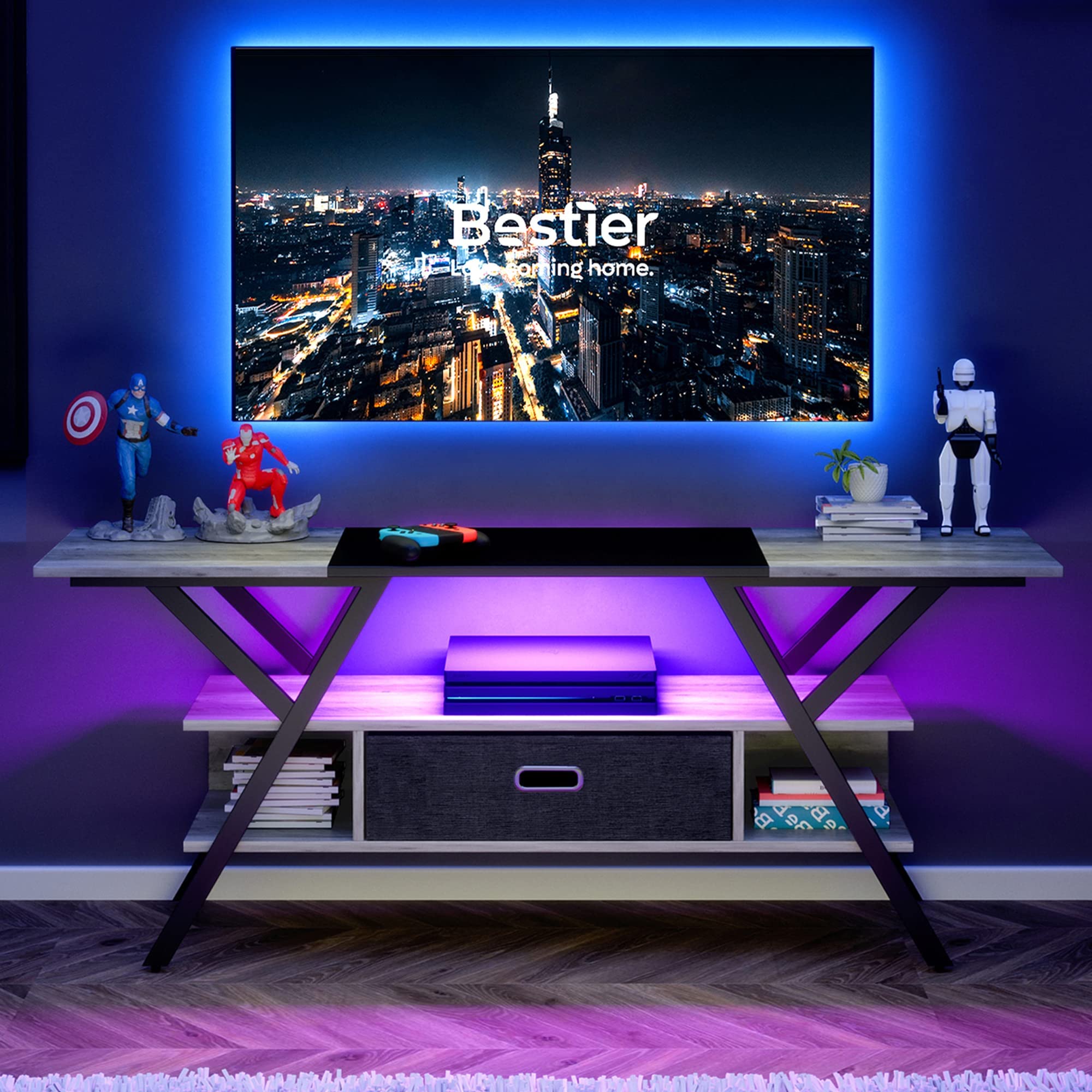 Bestier 55/60/65 Inch LED TV Stand with Storage Drawers - Modern Entertainment Center for Gaming Consoles (PS5/Xbox) - Wash Gray TV Cabinet for Living Room & Bedroom - Perfect for Movie Nights & Gaming Sessions