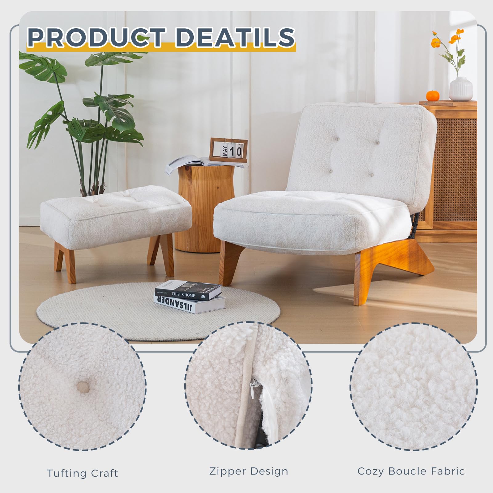 MAXYOYO Adjustable Accent Chair with Ottoman Set - Modern Boucle Tufted Lounge Chair in Beige for Living Room, Bedroom & Office Comfort