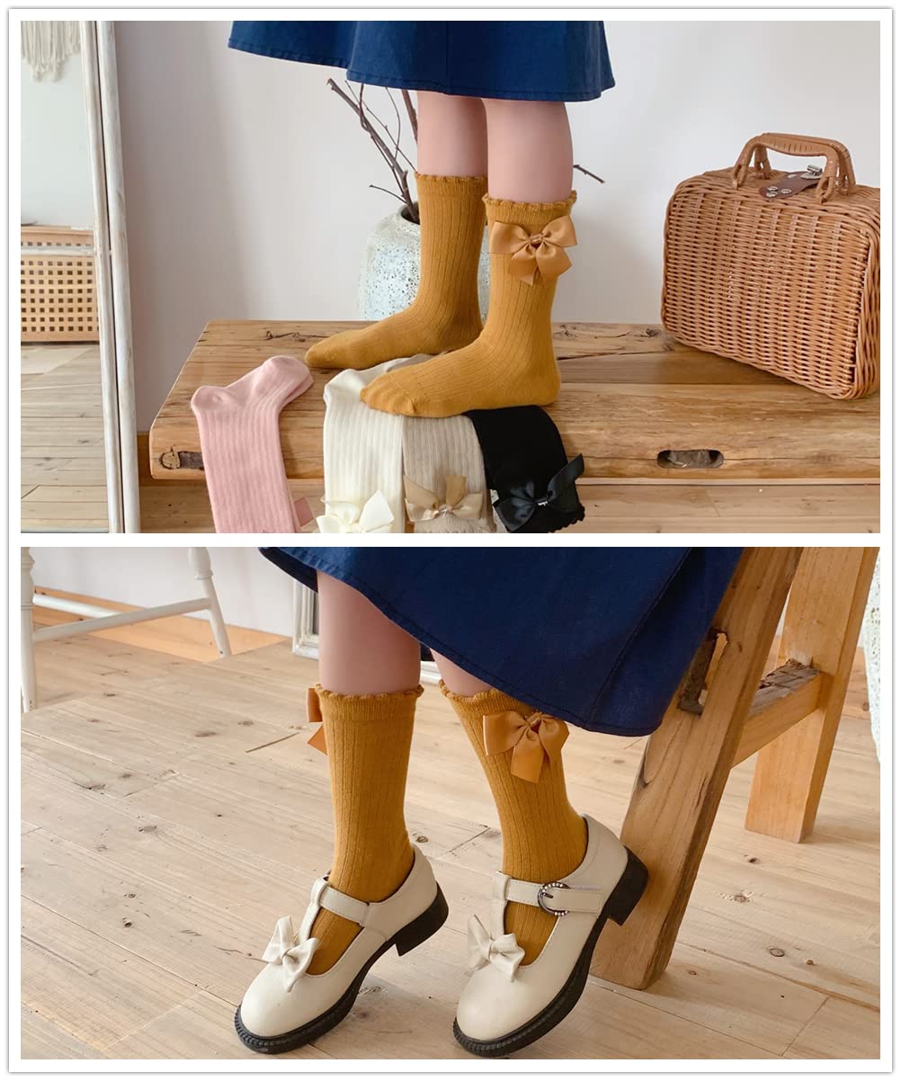 Little Girls Knee High Socks with Bowknot - Princess Dress Knit Socks for Toddlers - Mary Jane Socks & Uniform Stockings - Perfect for School, Parties & Dress-Up