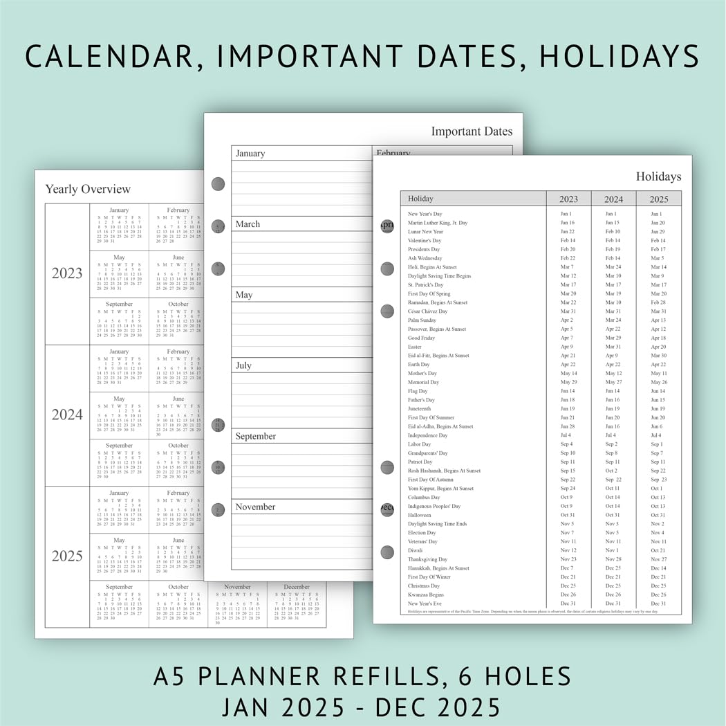 Newestor 2025 Weekly & Monthly Planner Refill for A5 Ring Binder - January 2025 to December 2025 Calendar - 5.75