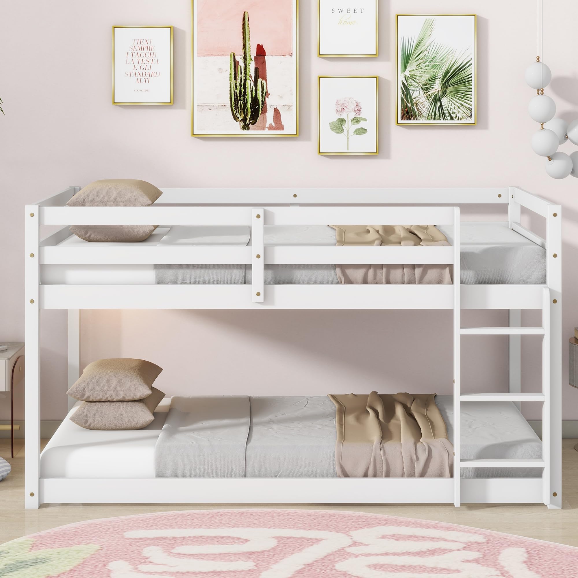 Low Twin Over Twin Bunk Bed Frame - Sturdy Wooden Junior Loft Bed for Kids, Boys & Girls with Safety Rails - Perfect for Small Rooms, Sleepovers & Kids' Bedrooms (White)