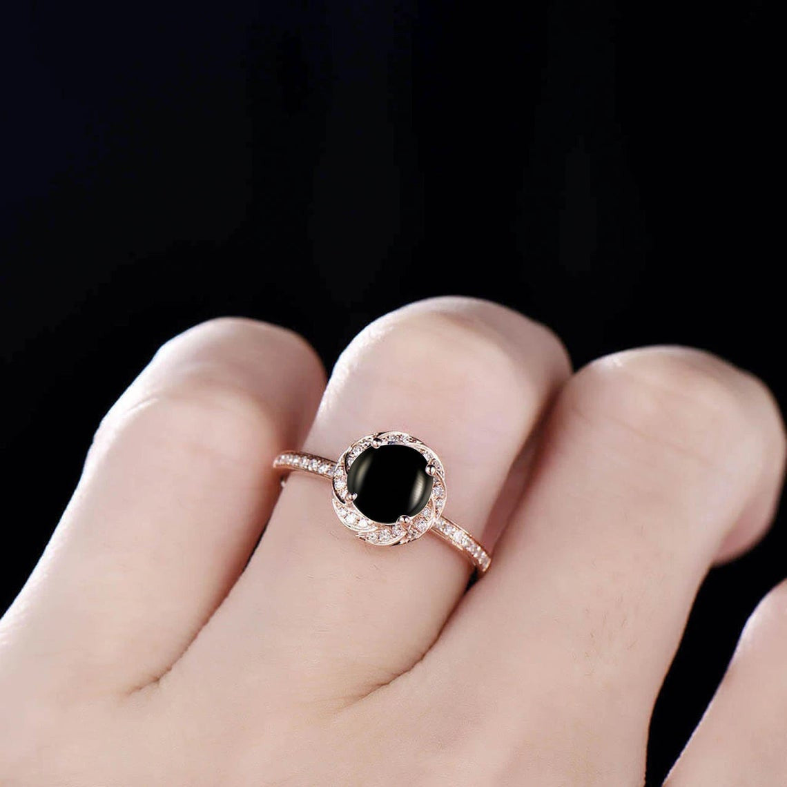 Natural Black Onyx Diamond Halo Wedding Ring for Women - Elegant Bridal Jewelry for Engagement, Anniversary & Special Occasions