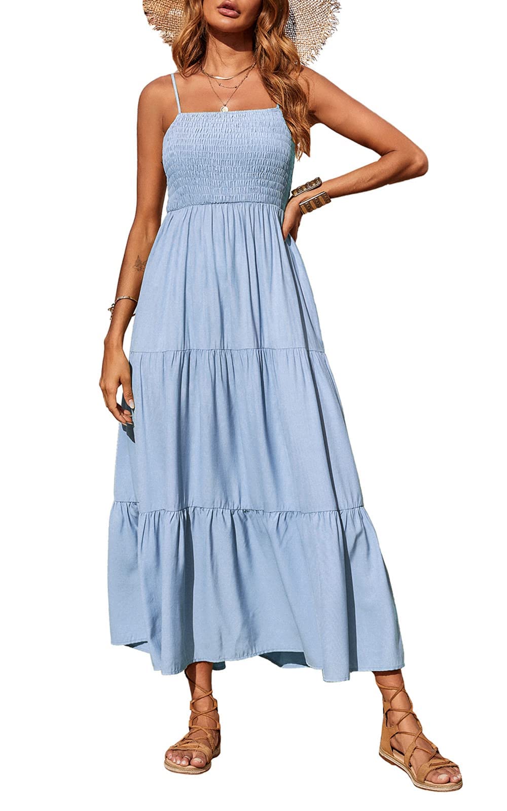 Women's Smocked Long Maxi Sun Dress - Boho Casual Summer Dress with Spaghetti Straps & Tiered Square Neck - Perfect for Beach, Vacation, and Outdoor Events