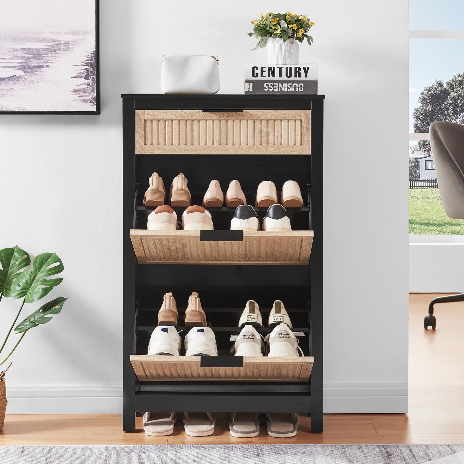 2-Tier Flip Drawer Shoe Storage Cabinet - Narrow Entryway Shoe Organizer for Front Door, Free Standing Hidden Wooden Hallway Shoe Rack (Oak & Black) - Perfect for Small Spaces, Apartments & Closet Organization