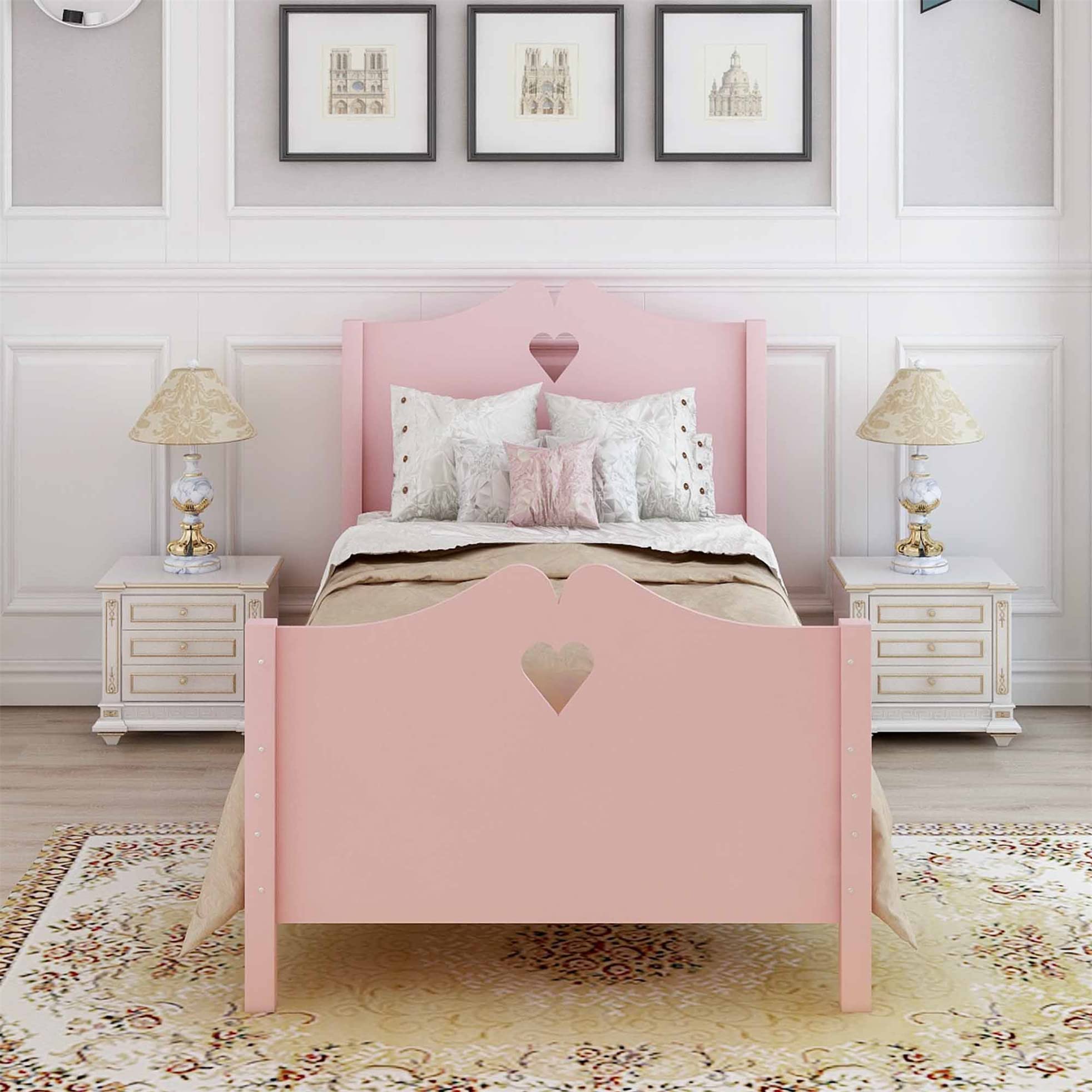 Harper & Bright Designs Twin Bed Frame with Headboard & Footboard - Wooden Platform Bed with Wood Slat Support - Pink Twin Size Bed for Kids, Teens & Guest Rooms - Perfect for Small Spaces & Modern Bedrooms