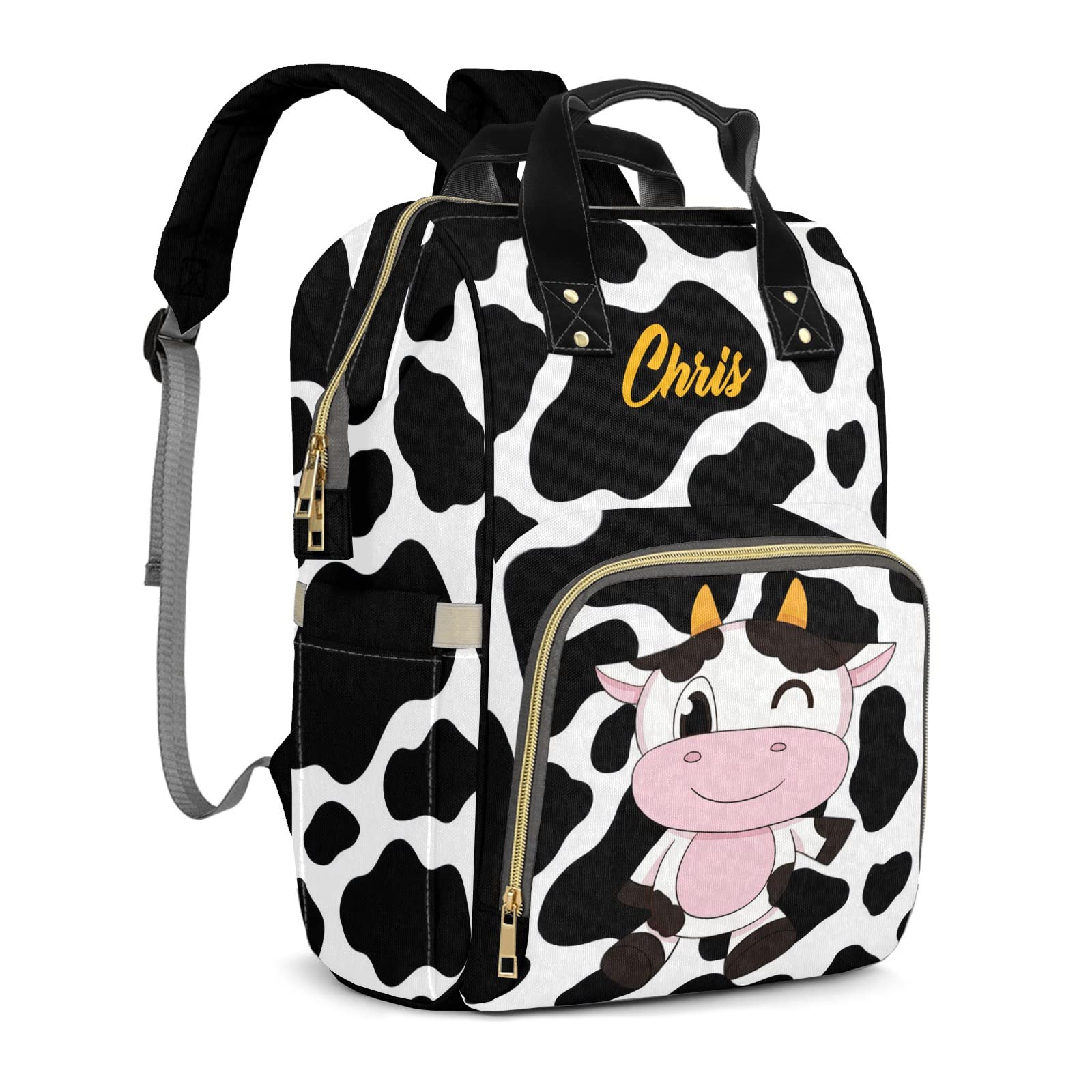 Custom Personalized Cow Print Diaper Backpack - Name Embossed Mummy Bag for Baby Essentials | Perfect Baby Shower Gift & Travel Nappy Organizer