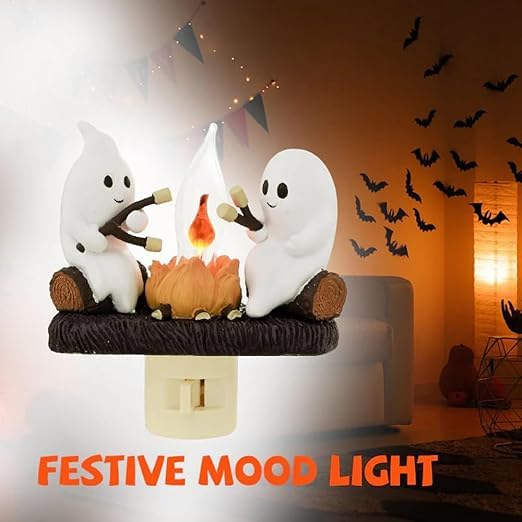 Spooky Halloween Ghost Night Light - Flickering LED Campfire Lamp with Dusk to Dawn Sensor, 0.5W Plug-in Wall Decor for Bedroom, Nursery & Halloween Party Decorations | Perfect for Kids' Rooms, Halloween Displays & Cozy Nighttime Ambiance