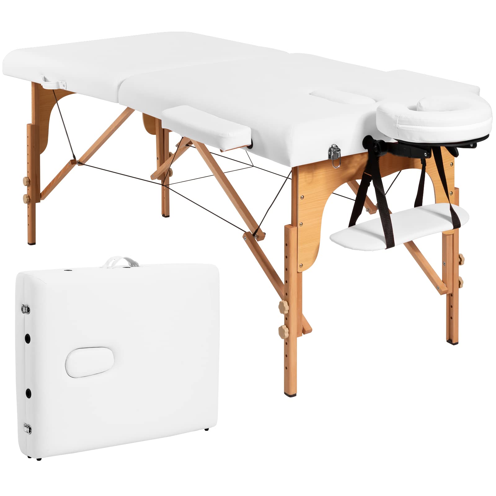 COSTWAY Portable Folding Massage Table - Adjustable Height Massage Bed with Face Cradle, Arm Rest & Carrying Case - 2-Section Salon Spa Table for Tattoo, Beauty, Therapy & Lash Extensions (White, 84