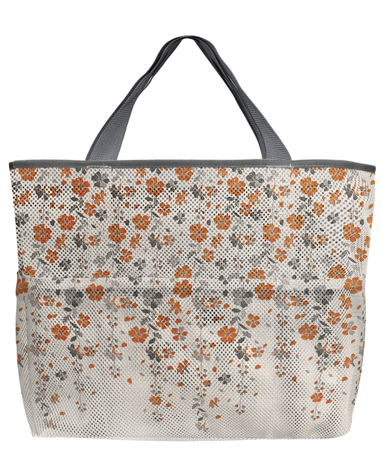Mesh Beach Tote Bag - 60L Oversized Orange Gray Floral Print Quick-Dry Swim Bag with Pockets | Foldable Lightweight Storage for Beach, Pool, Grocery Shopping & Travel | 24