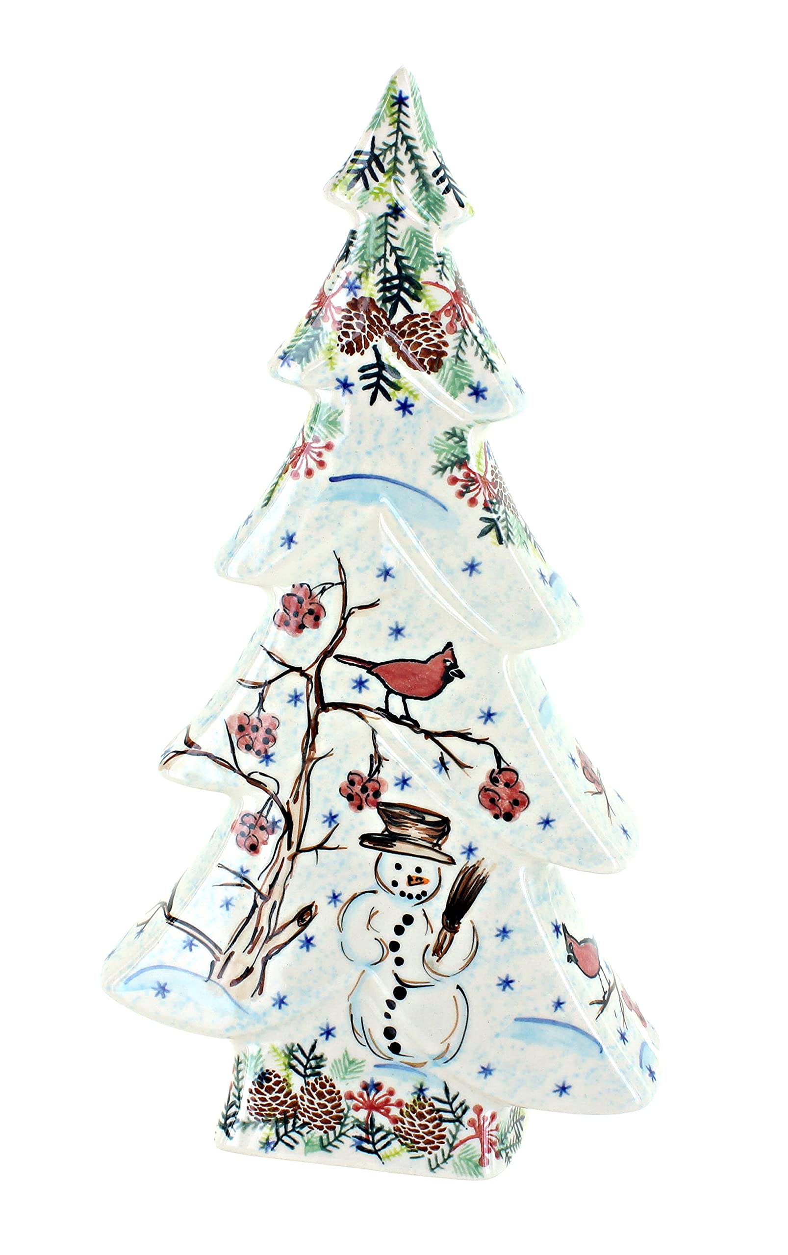 Blue Rose Polish Pottery Little Snowman Flat Christmas Tree Ornament - Handmade Holiday Decor for Xmas Tree, Gift, and Home Decoration