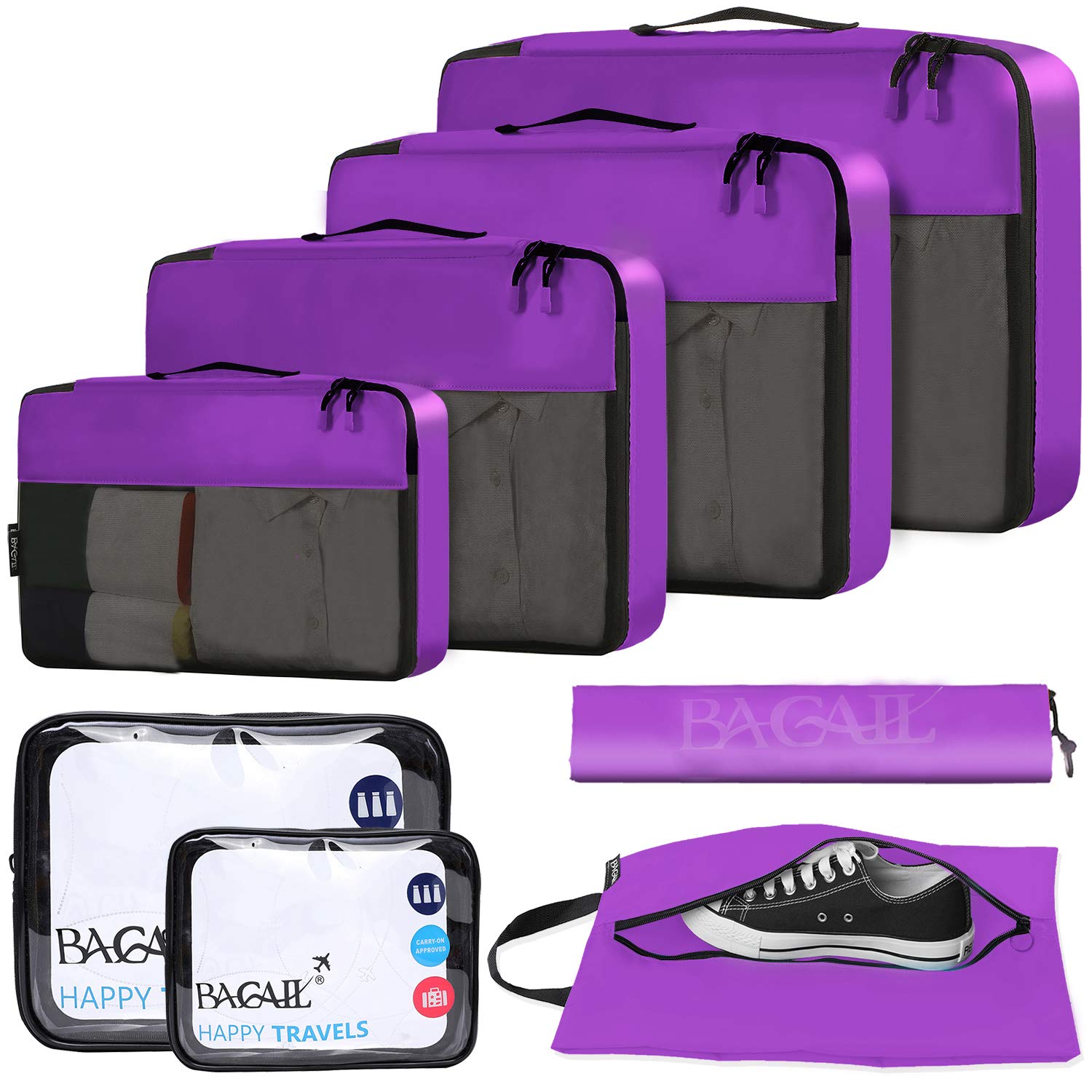 BAGAIL 8-Piece/9-Piece Travel Packing Cubes Set - Luggage Organizer for Suitcase, Compression Packing Bags for Clothes & Travel Accessories - Perfect for Vacation, Business Trips & Weekend Getaways