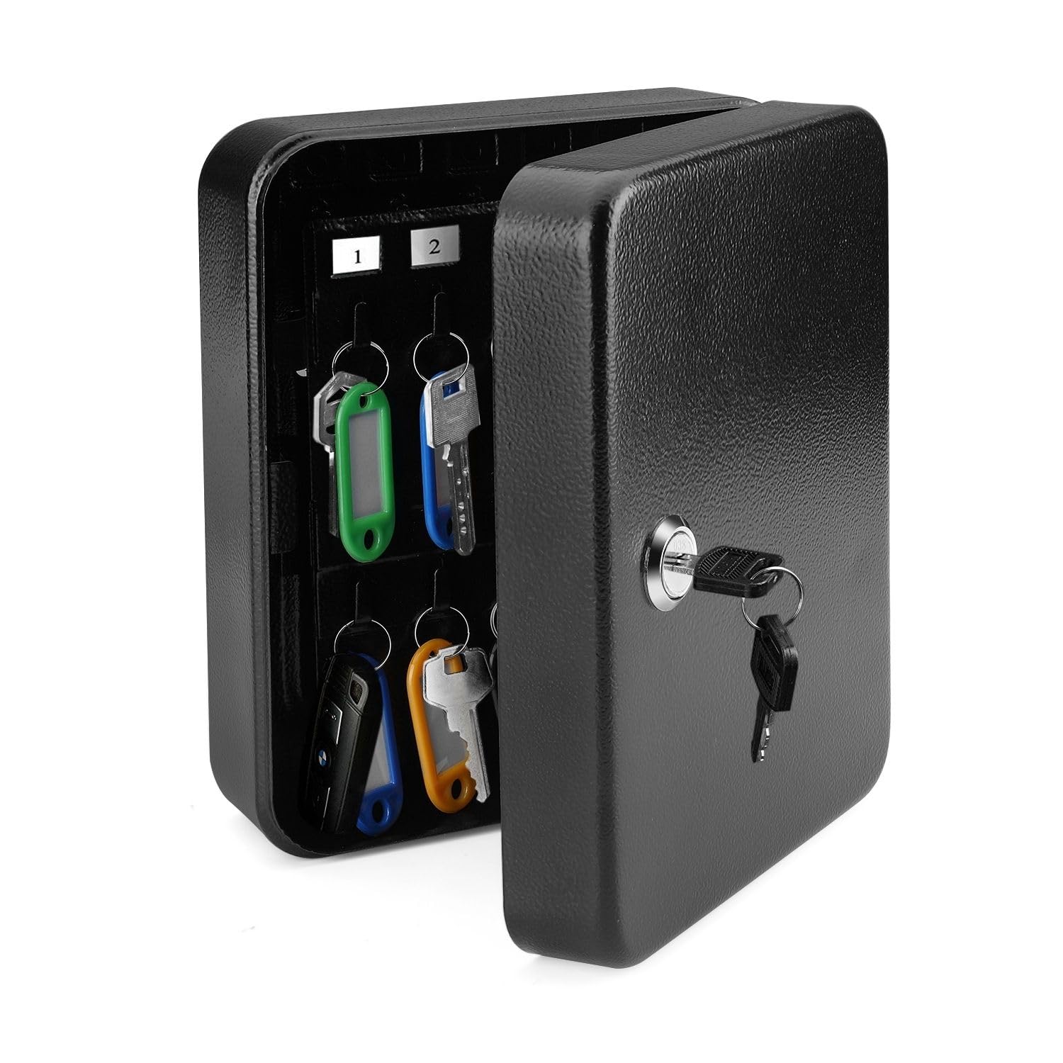 Flexzion 40-Key Wall Mount Key Cabinet with Lock - Secure Key Storage Organizer with Colored Tags & Hooks for Home, Office, Hotel & Business Use - Black