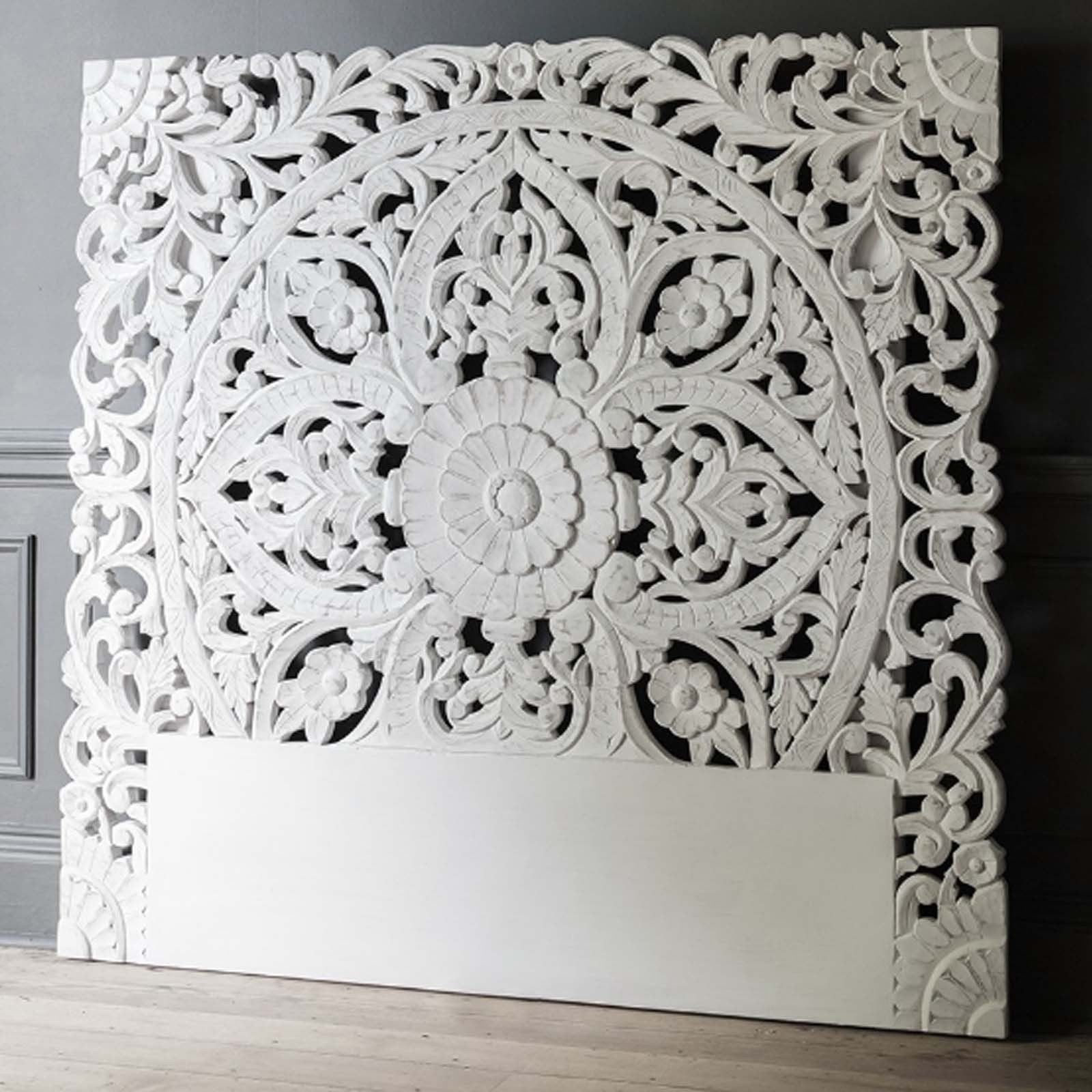 Hand Carved Wooden Wall Panel Headboard - White Queen Size Bed Headboard for Master Bedroom, Guest Room & Home Decor