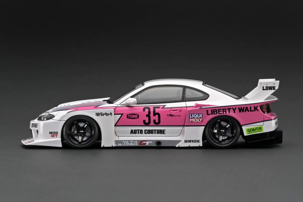 1:18 Scale Nissan Silvia S15 LBWK Super Silhouette Diecast Model Car - White & Pink Limited Edition - Perfect for Collectors, Car Enthusiasts & Home/Office Display