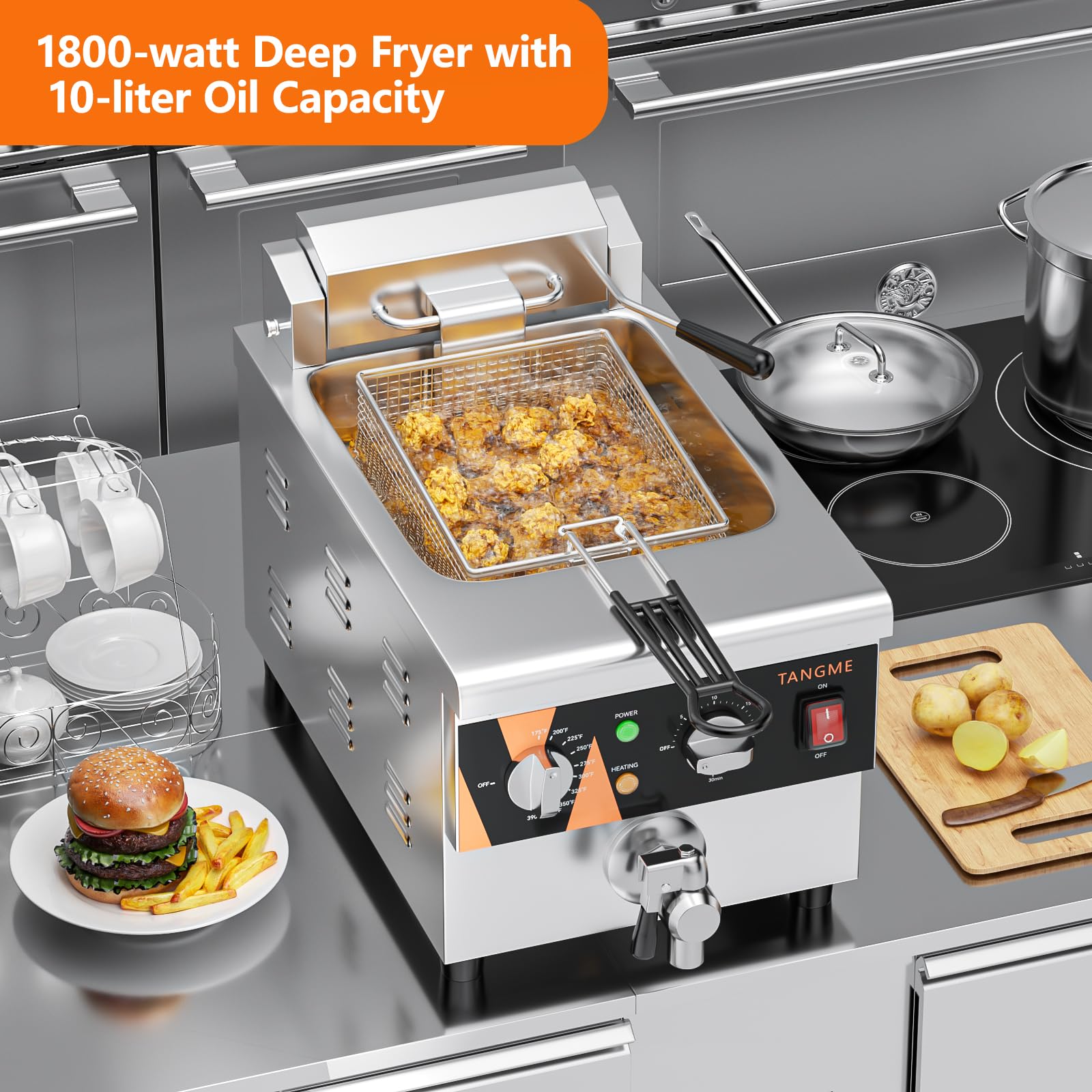 Commercial Deep Fryer with Drain Valve - 12.7Qt Electric Countertop Fryer, Stainless Steel Oil Fryer with Temperature & Time Control - 1800W, 120V - Perfect for Restaurants, Food Trucks & Home Kitchen Use
