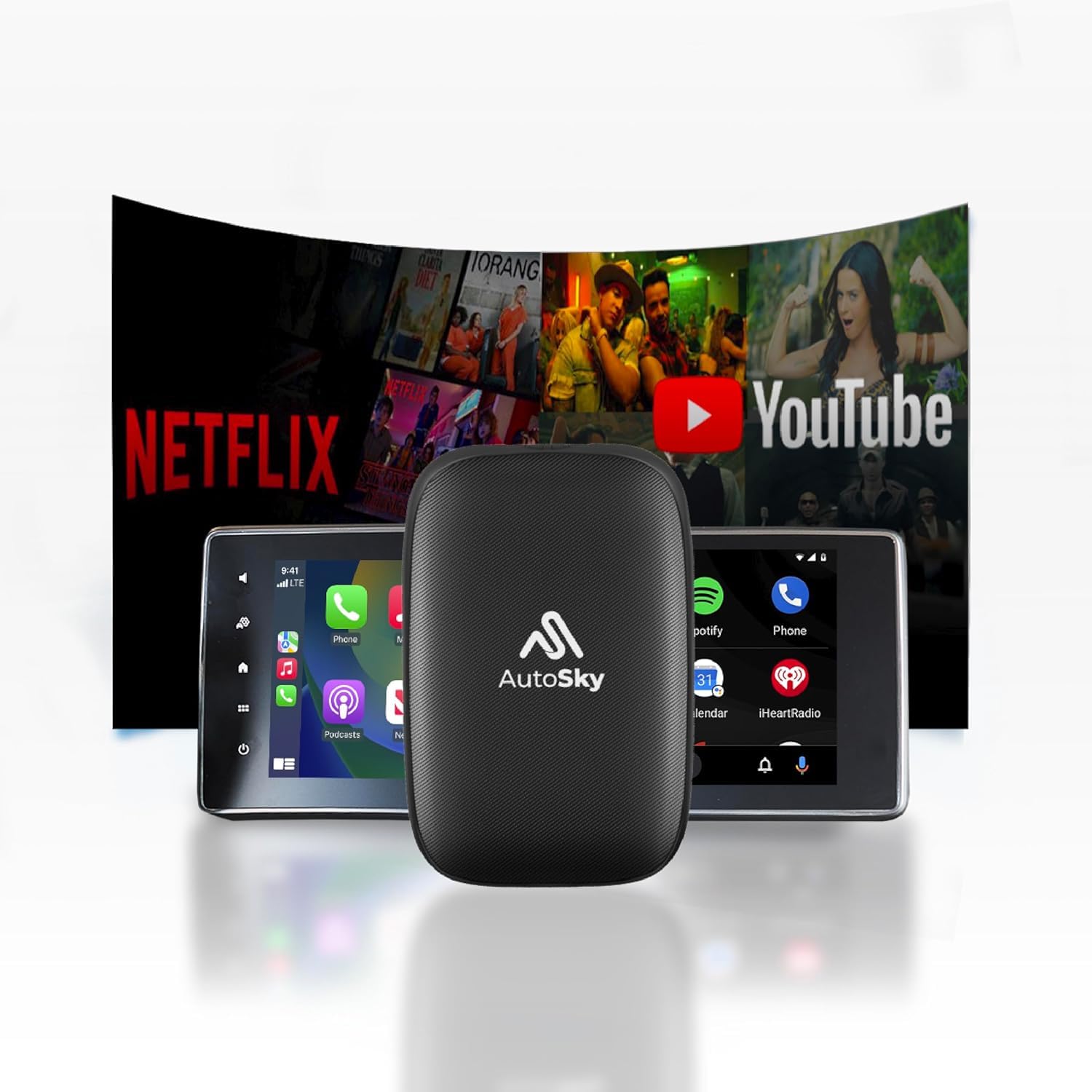 AutoSky Wireless CarPlay & Android Auto AI Box Lite - Convert Wired to Wireless CarPlay/Android Auto for Factory Wired Cars | Supports Netflix, YouTube Streaming via Hotspot | Perfect for Commuting, Road Trips & In-Car Entertainment