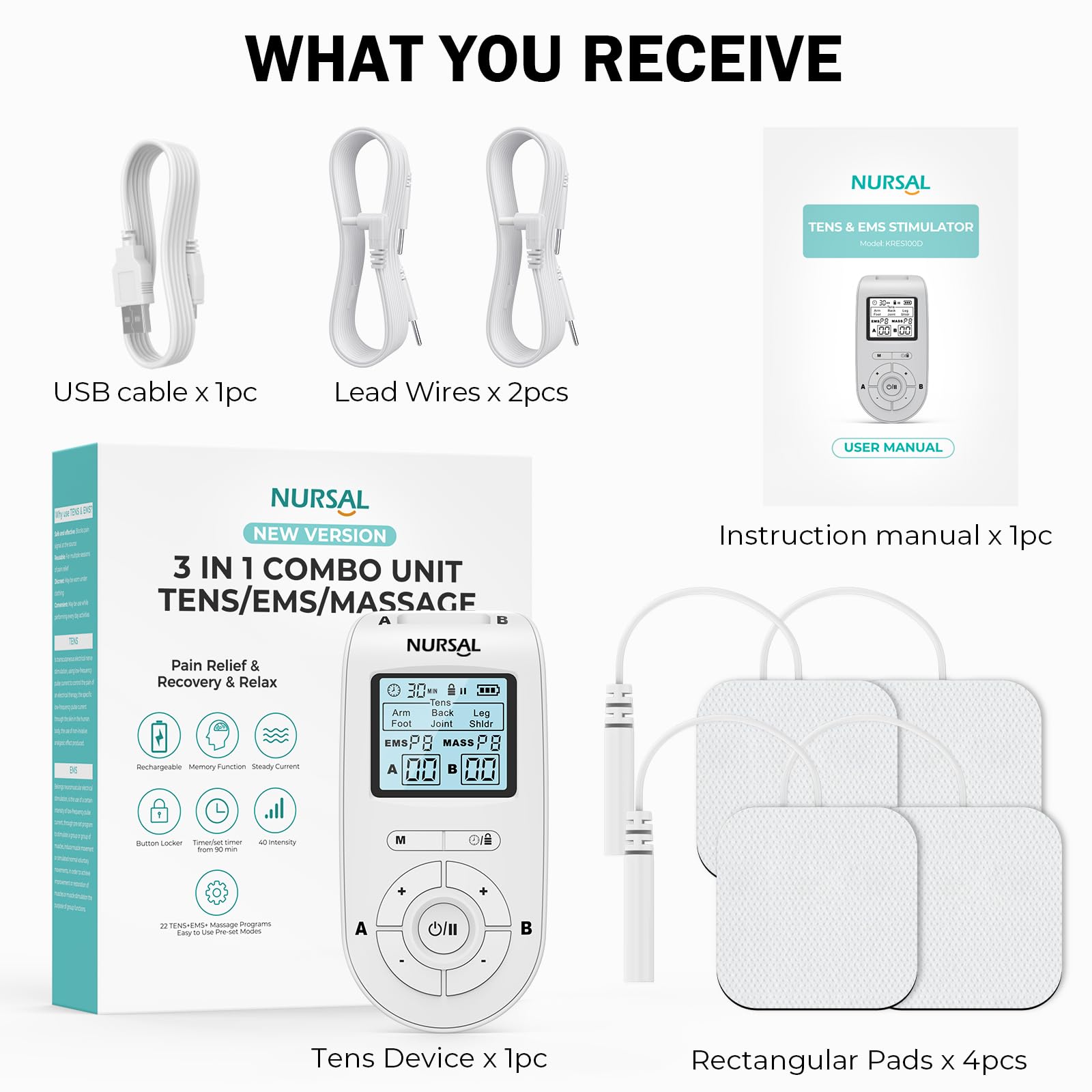 NURSAL 3-in-1 TENS Unit Muscle Stimulator Machine with Dual Channel EMS, 40 Intensity Levels for Pain Relief Therapy - Portable Electronic Pulse Massager for Back, Neck, Shoulder & Muscle Recovery at Home or Gym