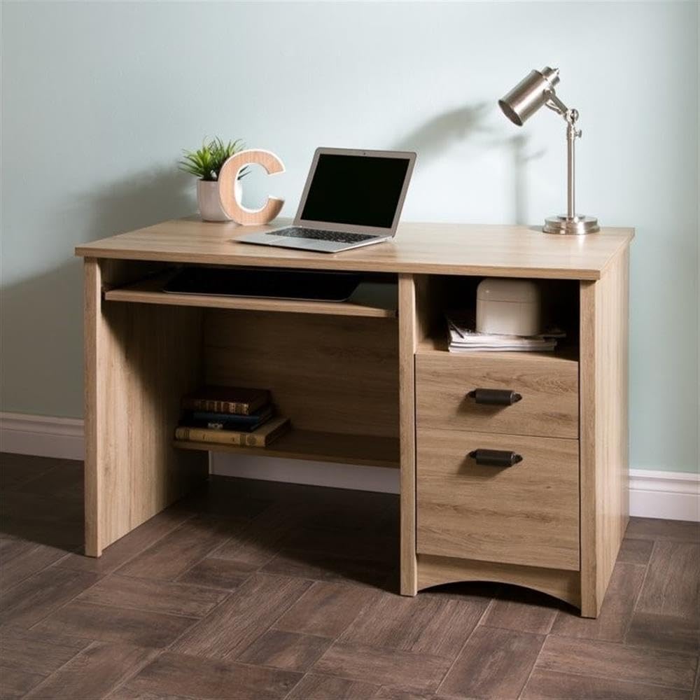 BOWERY HILL 2 Drawers Wood Computer Desk in Rustic Oak - Home Office Desk for Small Spaces, Study Desk with Storage - Perfect for Remote Work & Online Learning