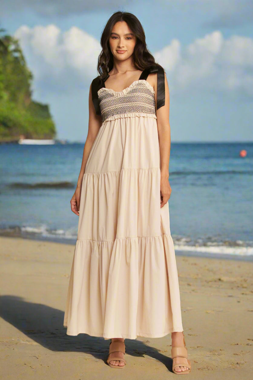 Beige Strapless Maxi Beach Dress for Women - Flowy Summer Boho Dress with Side Slit, Perfect for Vacation, Pool Party & Beach Wedding