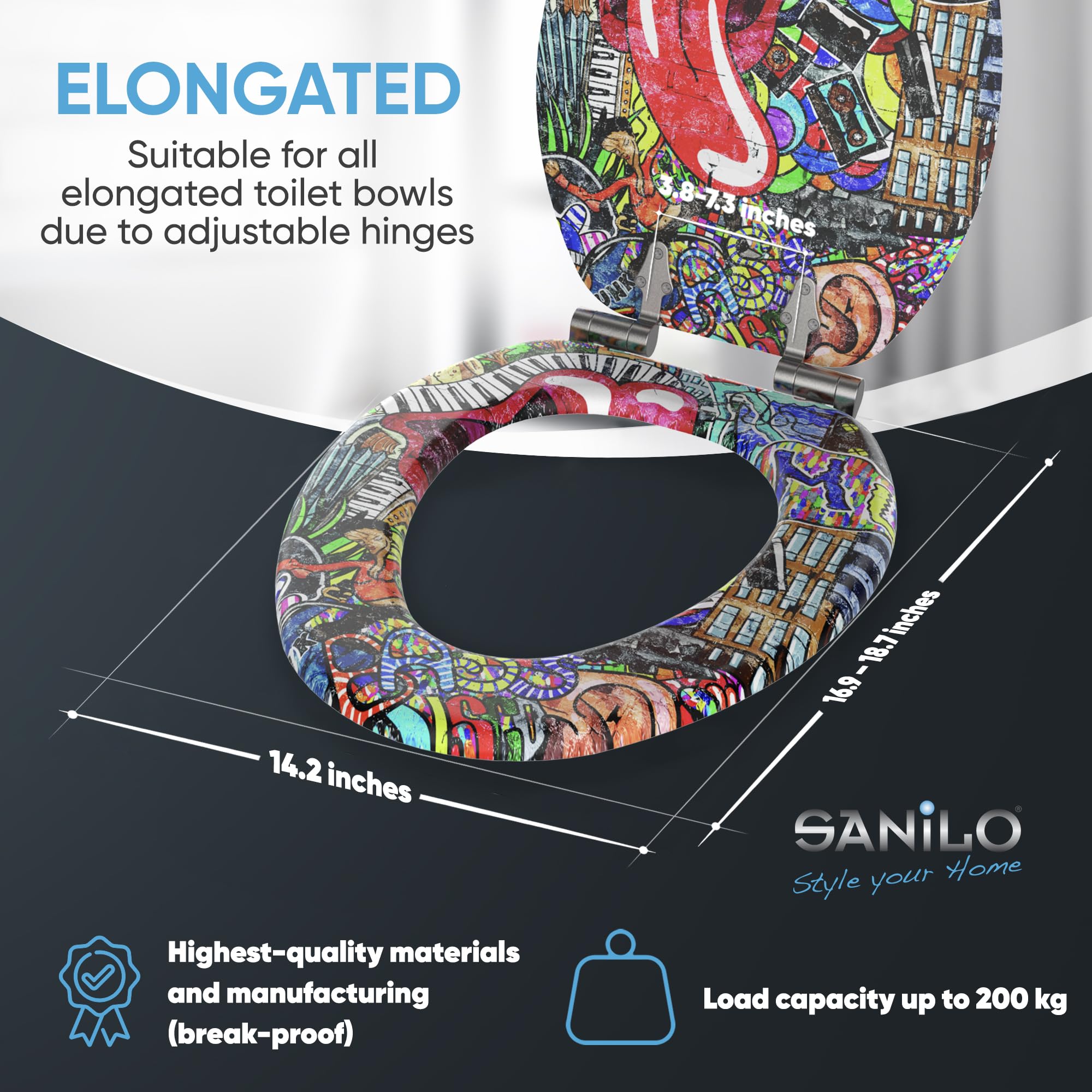 Sanilo Soft Close Toilet Seat ELONGATED - Quiet Slow Closing Lid with Strong Bumpers & Durable Hinges - Graffiti Resistant - Perfect for Modern Bathrooms & Home Renovation Projects