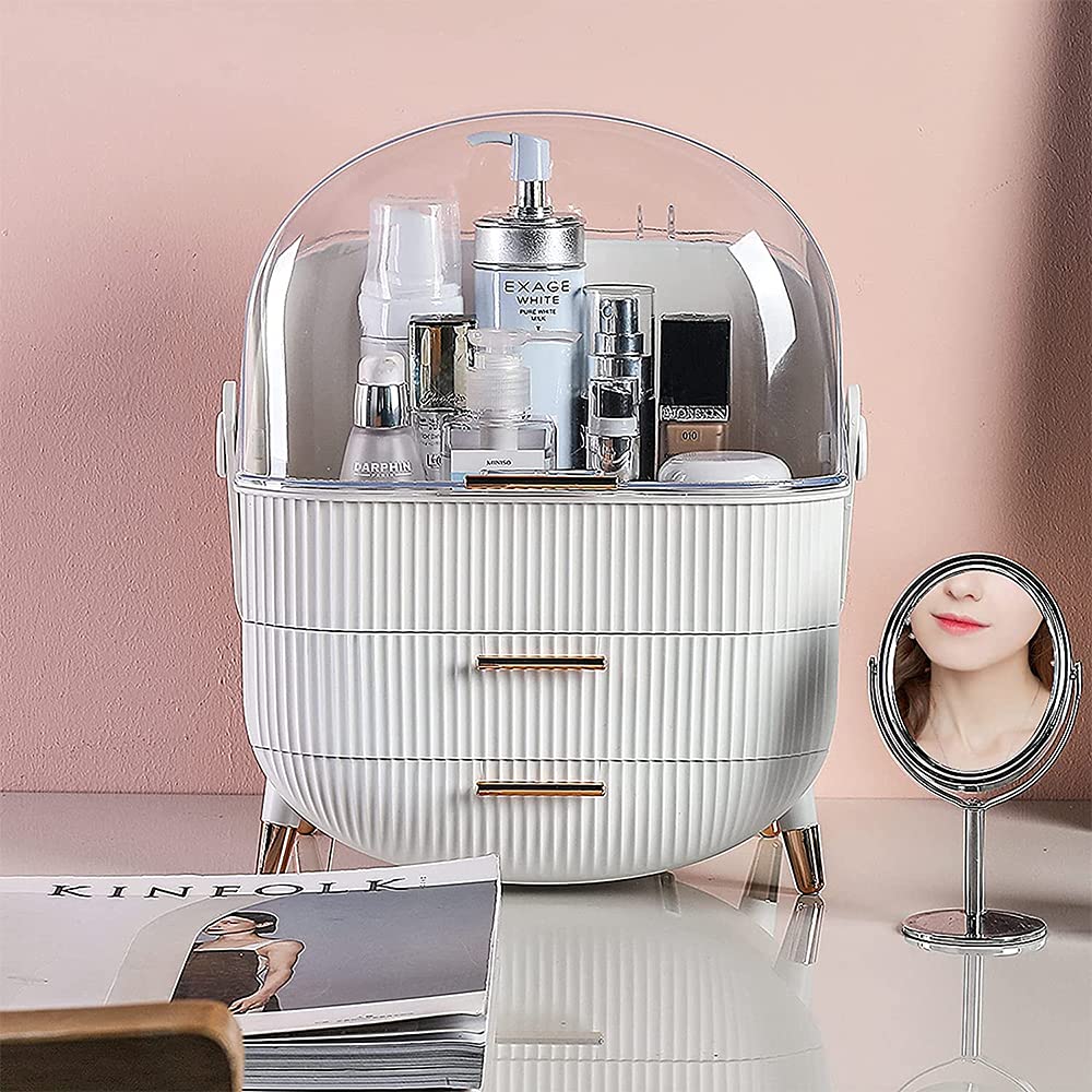 Portable Makeup Organizer with Dust-Free Cover & Waterproof Lid - Cosmetic Storage Box with Handle, Dust-Proof Drawers - Perfect for Bathroom, Dresser, Vanity & Travel (White)
