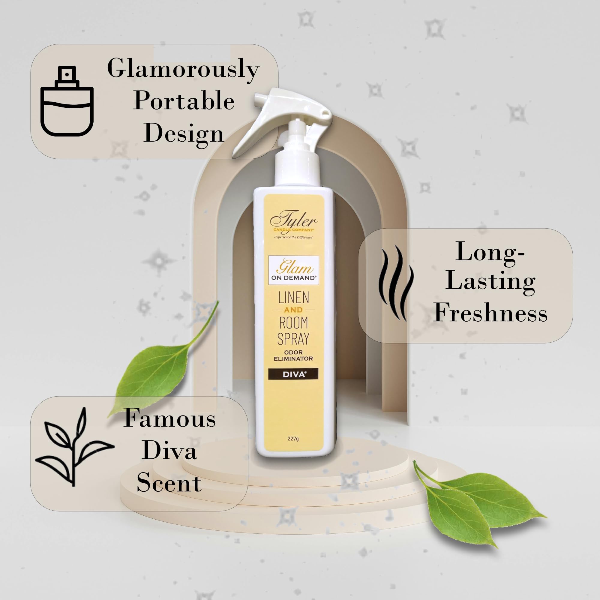 Tyler Glam on Demand - Diva Scent Linen & Room Spray 2-Pack | Air Freshener & Odor Eliminator with Stain Remover Pen | Laundry Essentials for Home, Bedroom & Travel | Fresh Linen Fragrance for Clothes & Fabrics