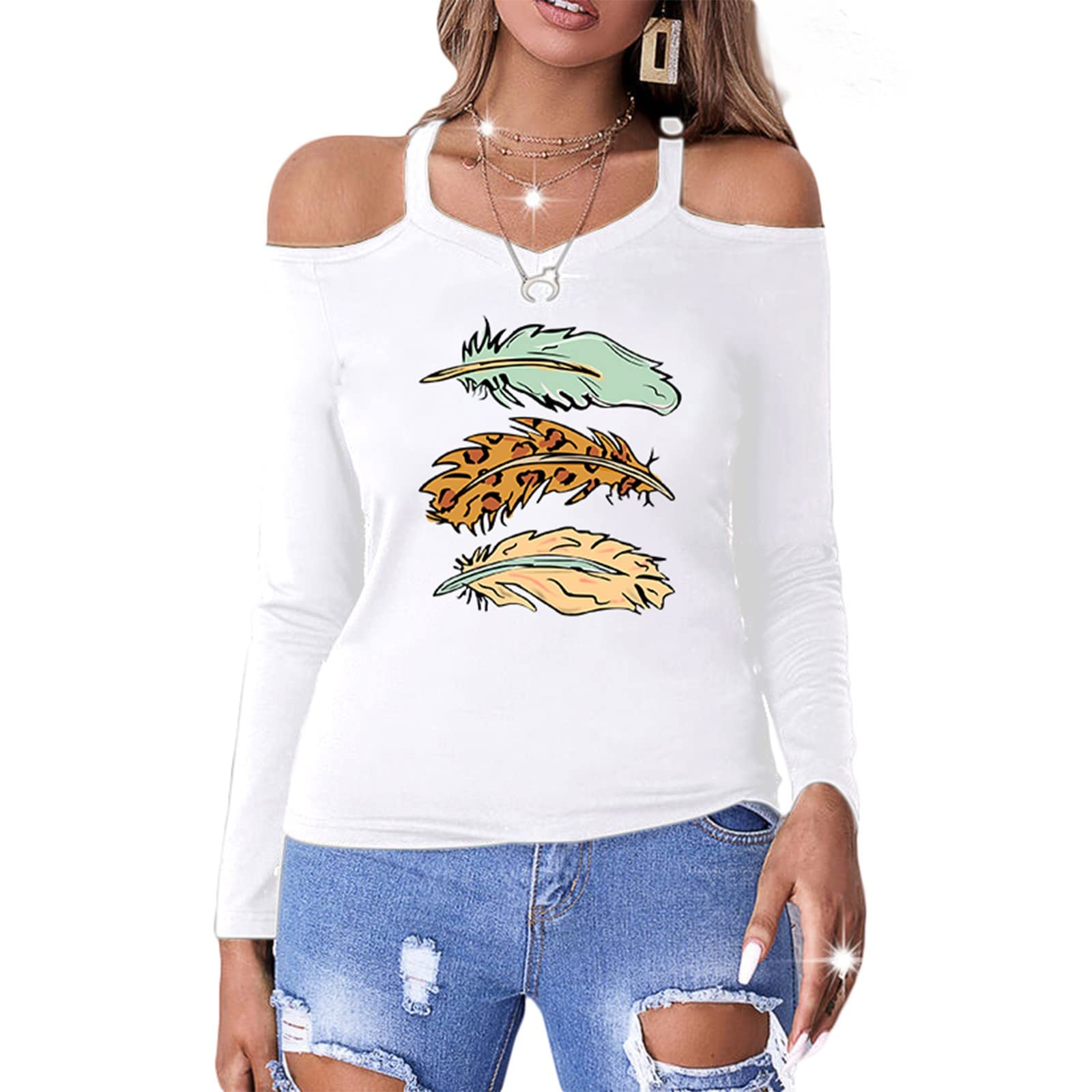 Women's Halter Strapless Long Sleeve T-Shirt - Off Shoulder Casual Blouse with Feather Print - Perfect for Date Night, Party Wear & Everyday Fashion