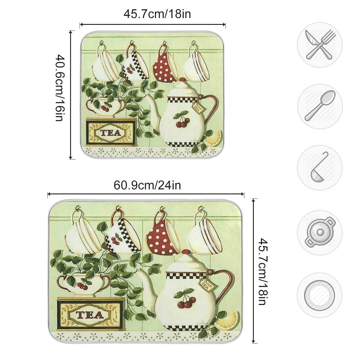 Lemon Cherry Leaf Microfiber Dish Drying Mat - 16x18 Inch Absorbent Reversible Kitchen Tea Cup Pot Drain Pad | Perfect for Countertop Protection & Dish Rack Organization